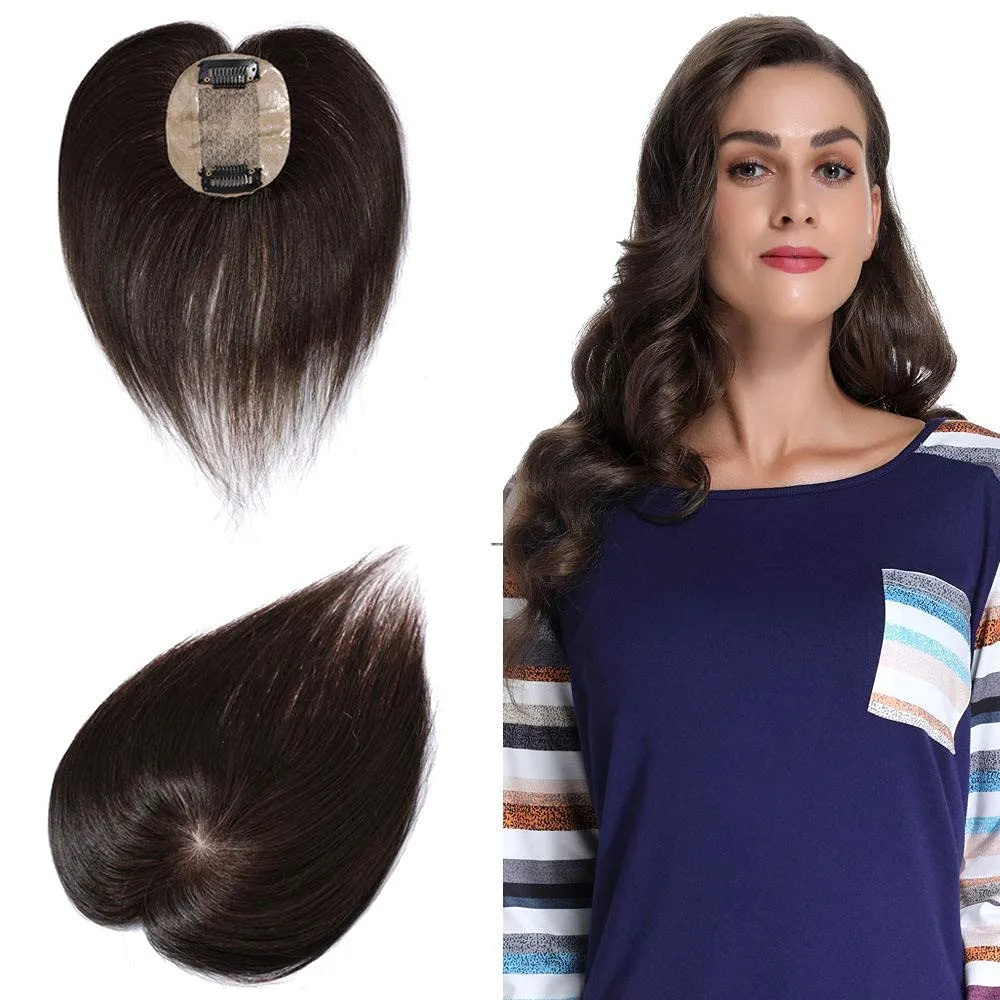 Crown Topper Clip in Full Hand Made Mono Base Human Hair Straight Middle Parting Cover White Hair Head Replacement Piece (7x10cm Wine Red)