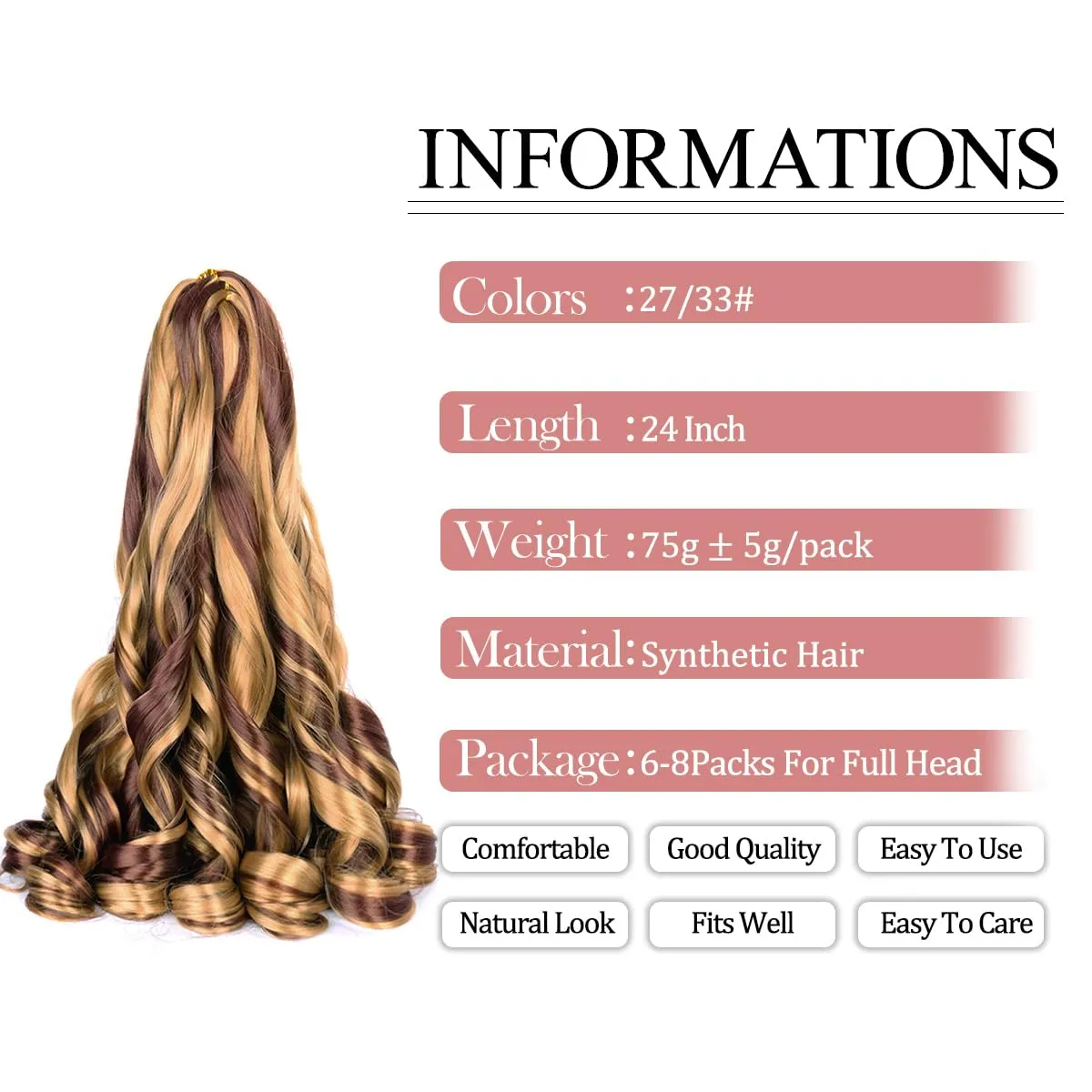 Curly Braiding Hair 8 packs Spanish Curly Crochet Hair P27/33 Bouncy Braiding Hair Extensions 24 Inch Pre Stretched French Curl Braids Hair (24 Inch Pack of 8,P27/33)
