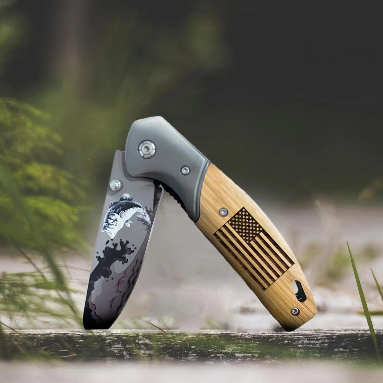Custom Engraved Folding Pocket Knife with Folding Blade - Personalized Hunting Fishing Gift for Dad, Men, Him, Husband - Customized with Name (Bass - Flag)