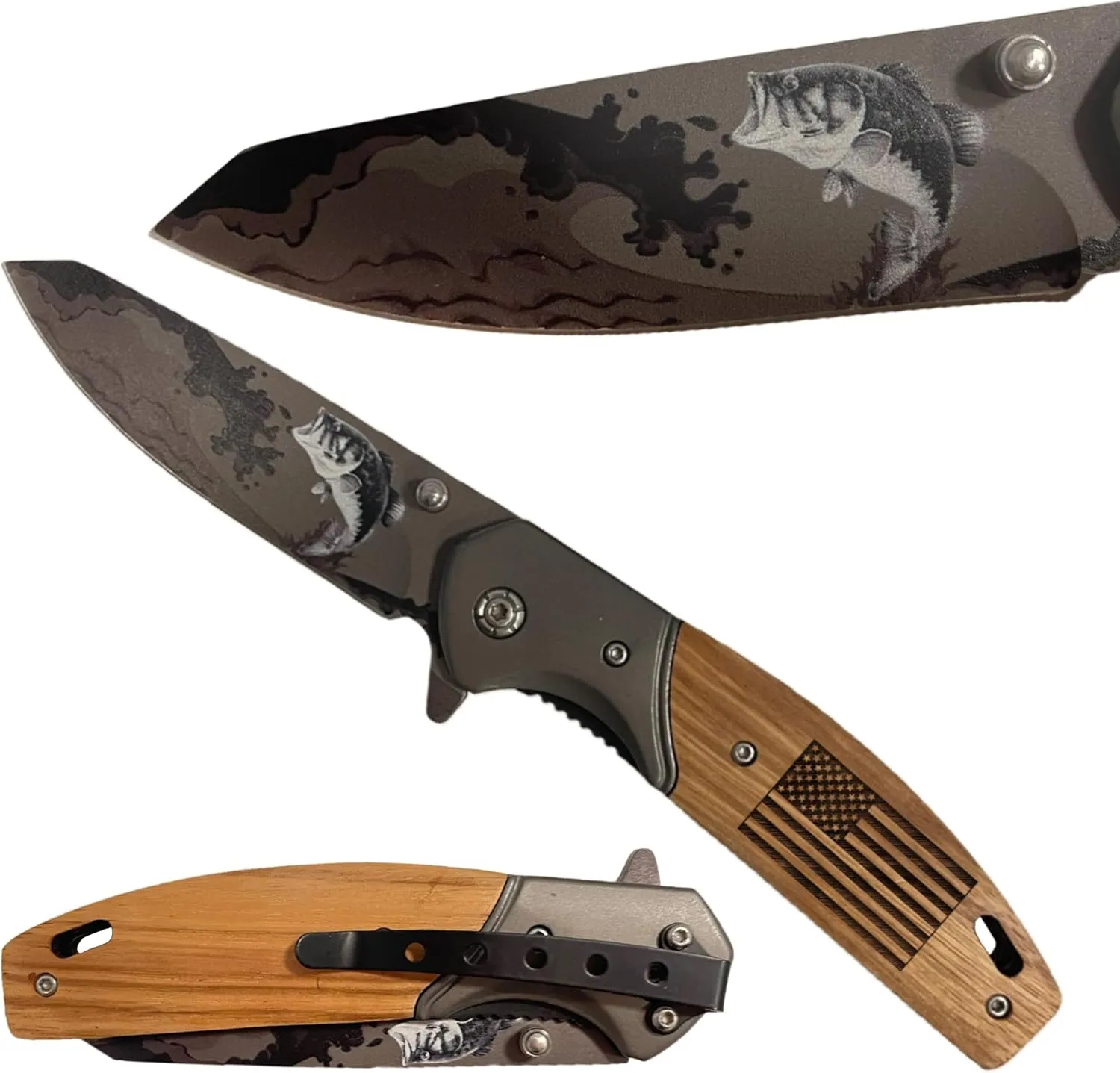 Custom Engraved Folding Pocket Knife with Folding Blade - Personalized Hunting Fishing Gift for Dad, Men, Him, Husband - Customized with Name (Bass - Flag)