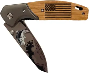 Custom Engraved Folding Pocket Knife with Folding Blade - Personalized Hunting Fishing Gift for Dad, Men, Him, Husband - Customized with Name (Bass - Flag)