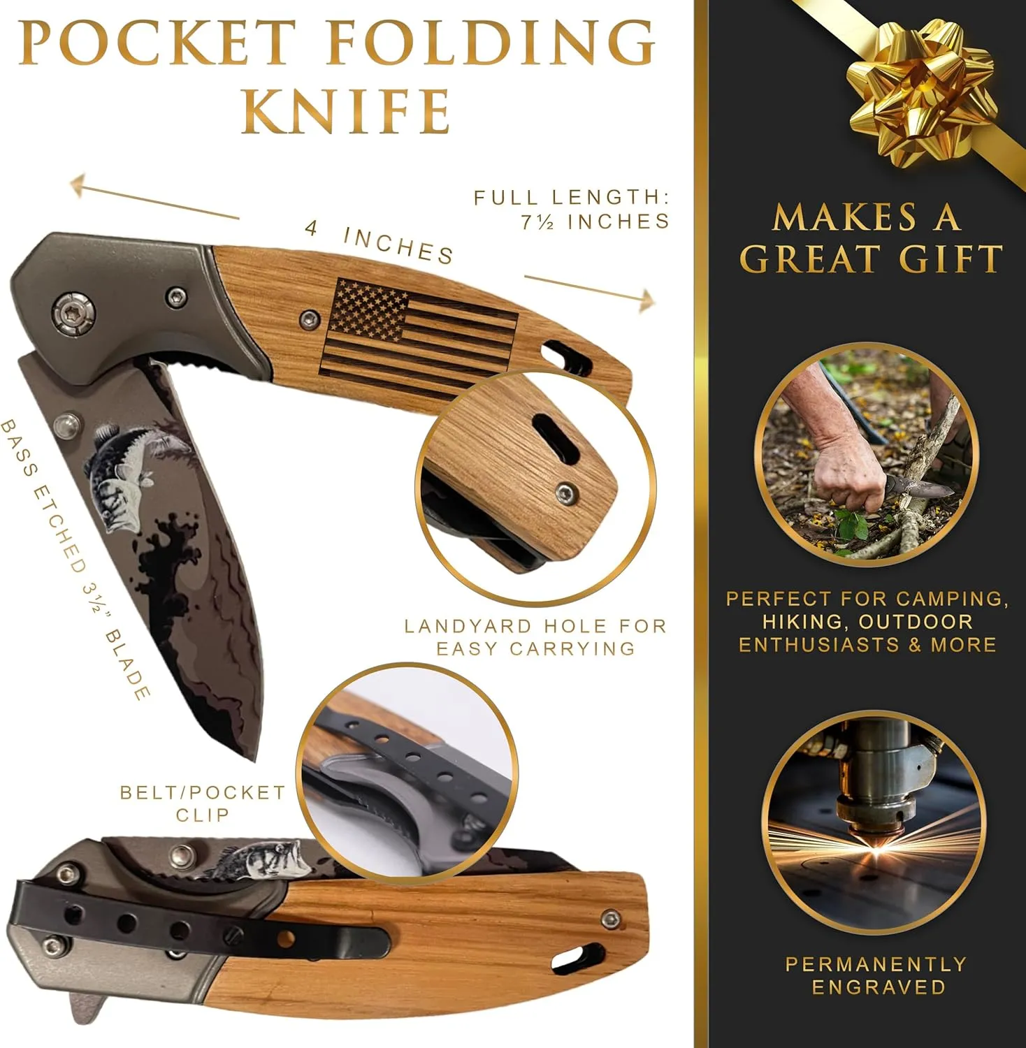 Custom Engraved Folding Pocket Knife with Folding Blade - Personalized Hunting Fishing Gift for Dad, Men, Him, Husband - Customized with Name (Bass - Flag)