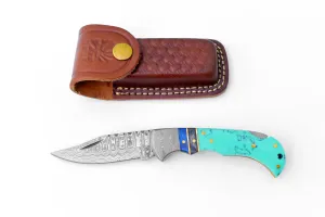 Damascus Limited Run Turquoise Folding Knife - Titan Int
