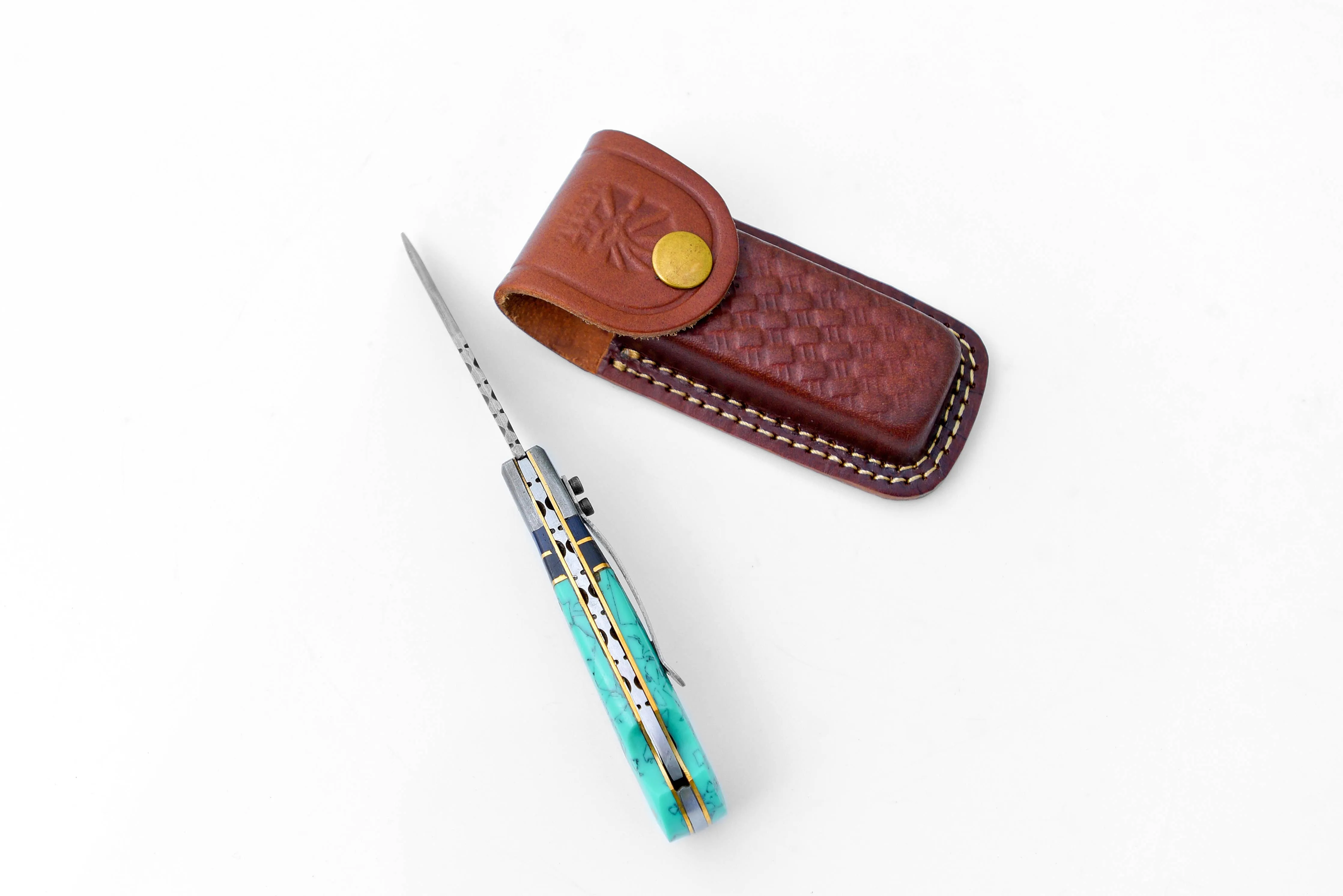 Damascus Limited Run Turquoise Folding Knife - Titan Int