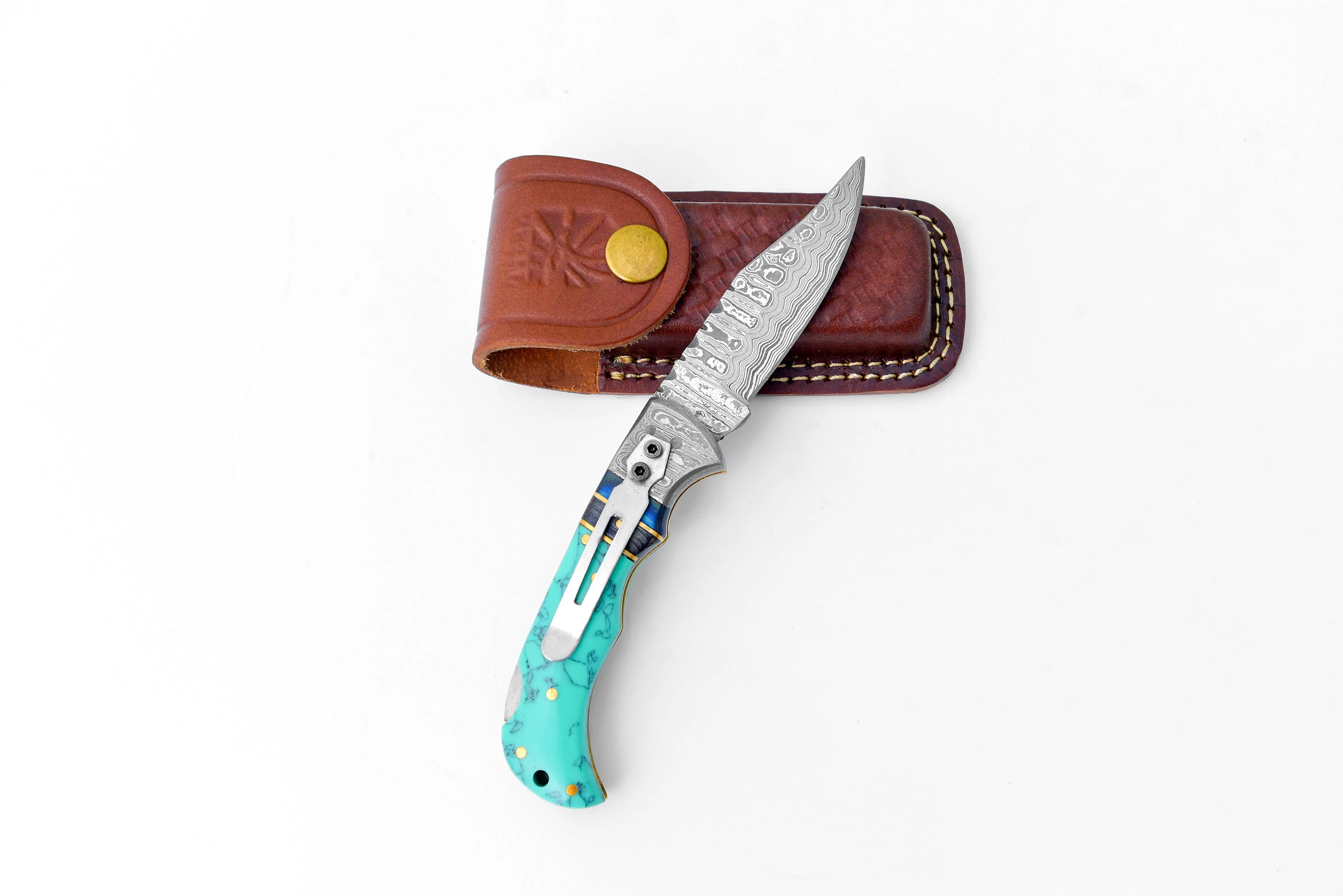 Damascus Limited Run Turquoise Folding Knife - Titan Int