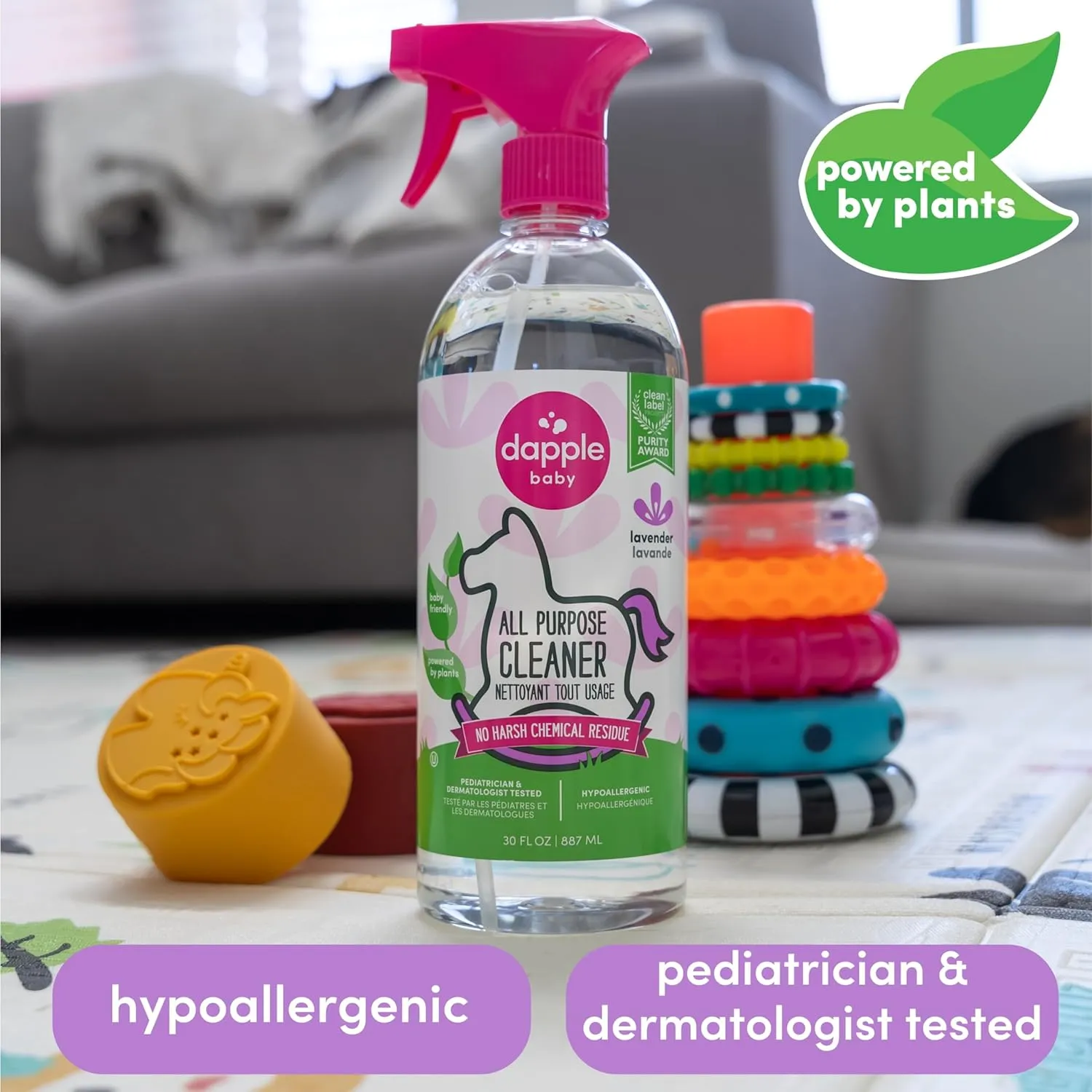 Dapple Baby All Purpose Cleaning Spray, Hypoallergenic for Toys, High Chairs, Swings, Counters, Powered by Plants, 1 Pump Included, Lavender, 30 Fl Oz (Pack of 2)