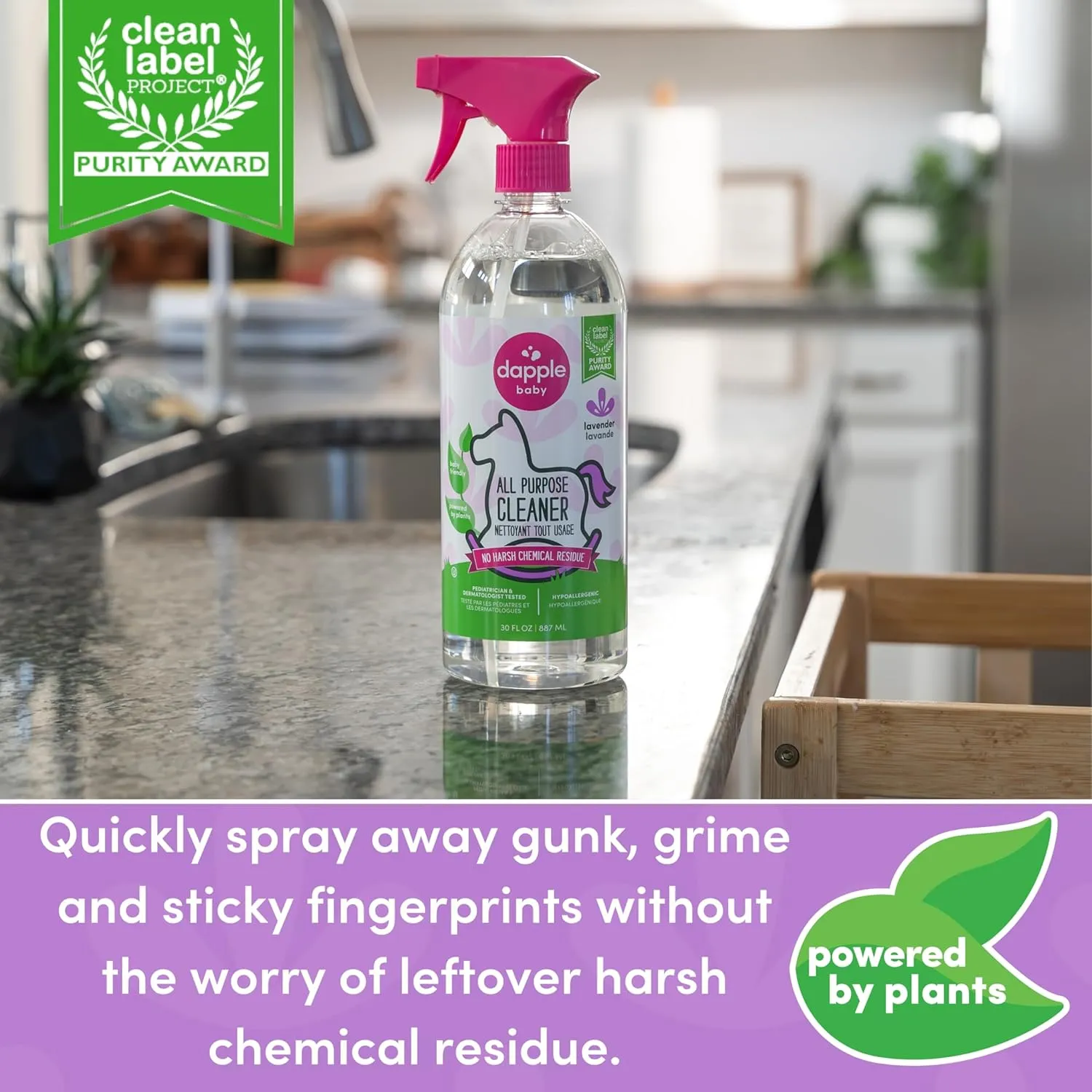 Dapple Baby All Purpose Cleaning Spray, Hypoallergenic for Toys, High Chairs, Swings, Counters, Powered by Plants, 1 Pump Included, Lavender, 30 Fl Oz (Pack of 2)