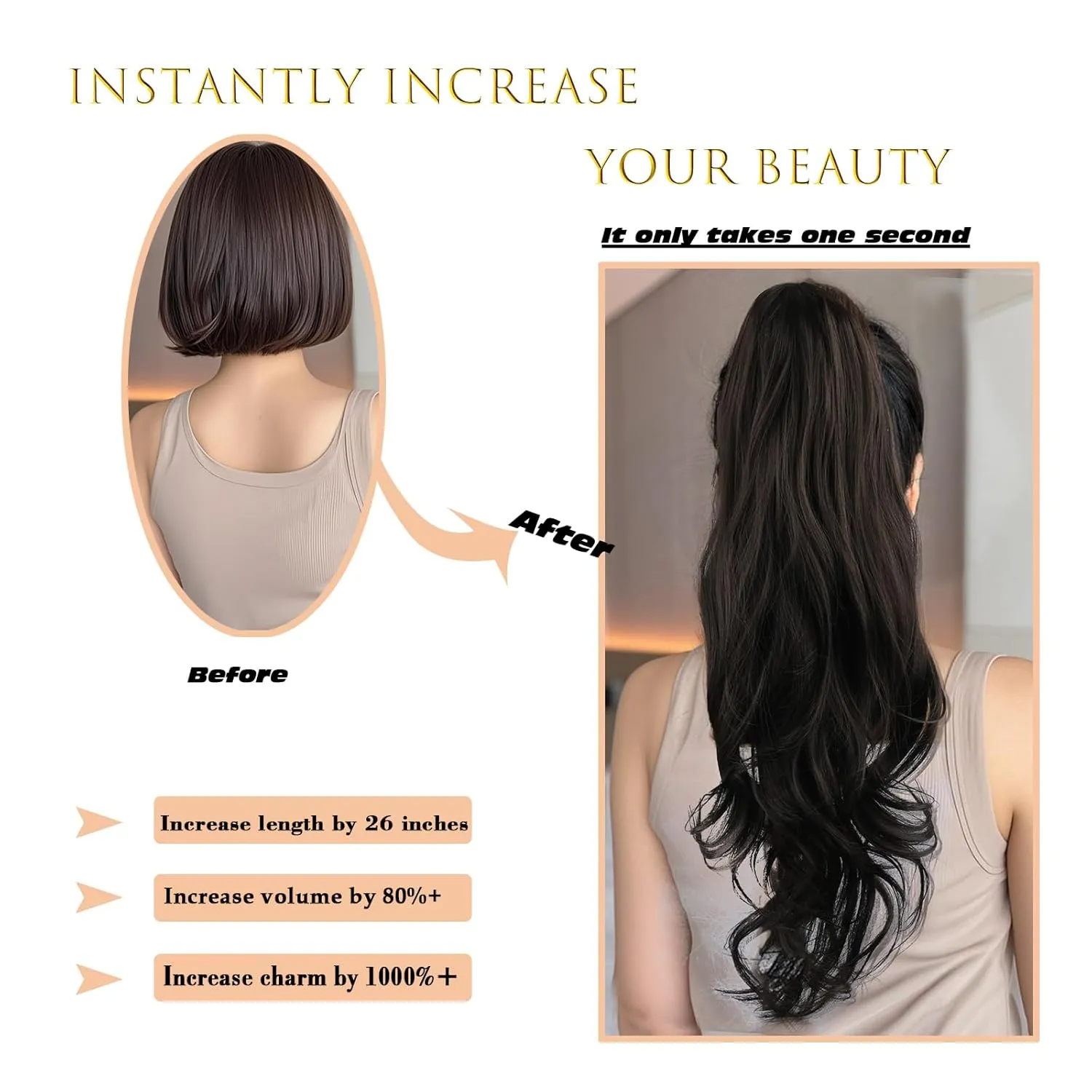 Dark Brown Drawstring Ponytail Extension for Women,Long Pony Tails Clip on in Hair Extensions for Women Synthetic 26 Inch Curly Wavy Layered Natural Black Faux Ponytails Hairpieces(2#/Dark Brown)