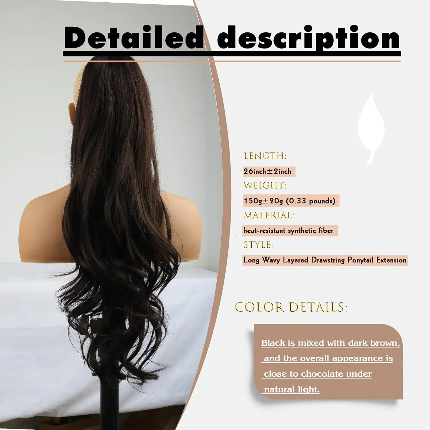 Dark Brown Drawstring Ponytail Extension for Women,Long Pony Tails Clip on in Hair Extensions for Women Synthetic 26 Inch Curly Wavy Layered Natural Black Faux Ponytails Hairpieces(2#/Dark Brown)
