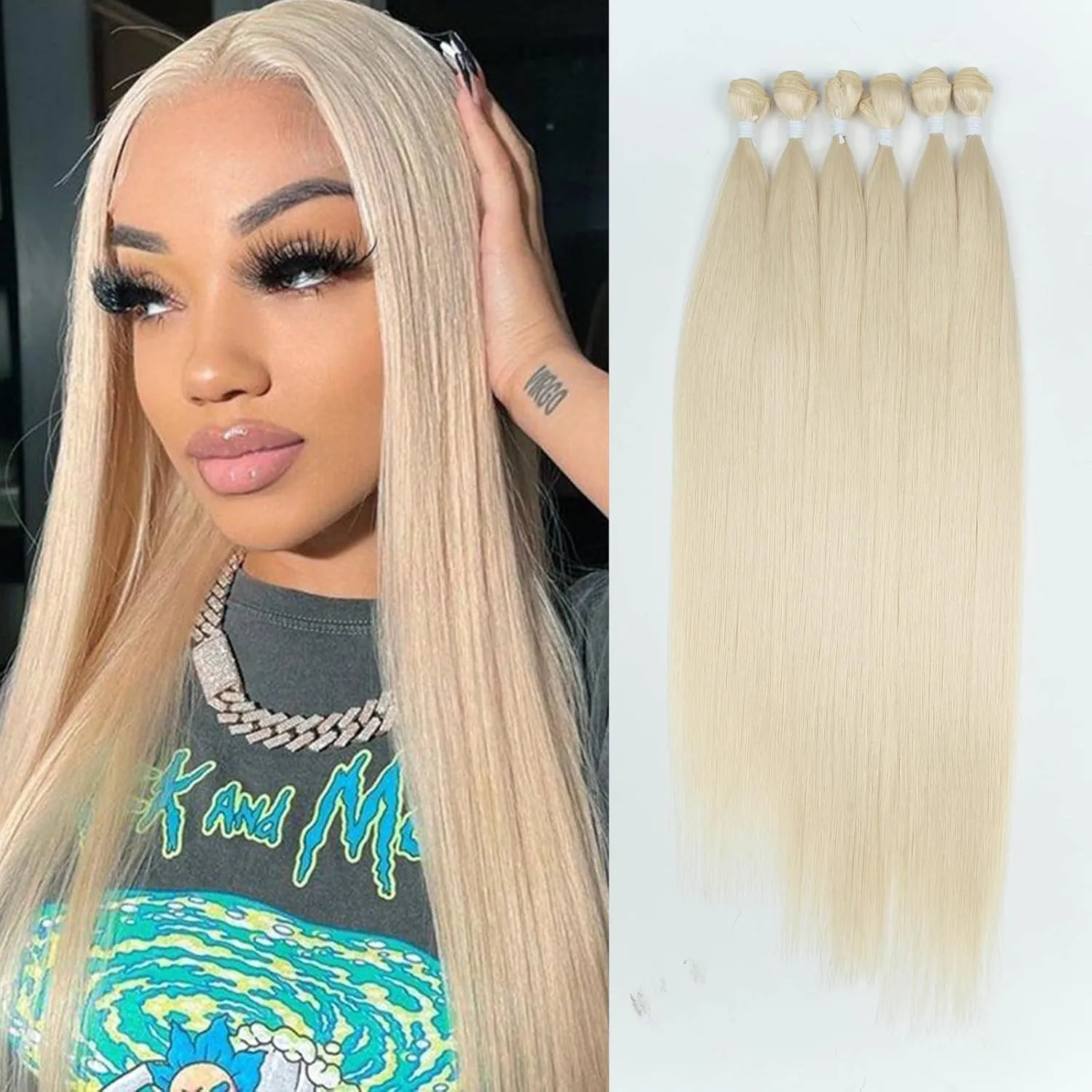 DÉBUT Long Straight Blonde Hair 6 Bundles 26 28 30 Inches High Temperature Fiber 300g for Full Head Synthetic Hair Weave 613 Color