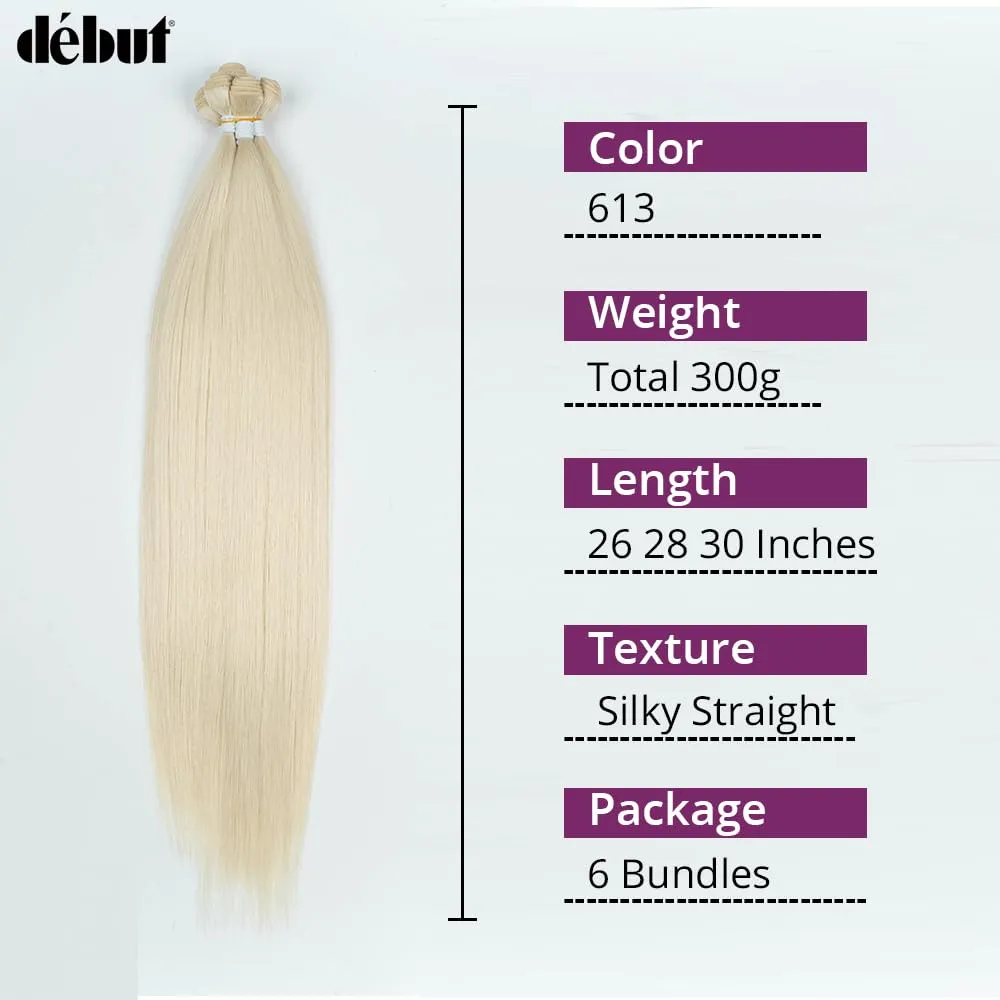DÉBUT Long Straight Blonde Hair 6 Bundles 26 28 30 Inches High Temperature Fiber 300g for Full Head Synthetic Hair Weave 613 Color