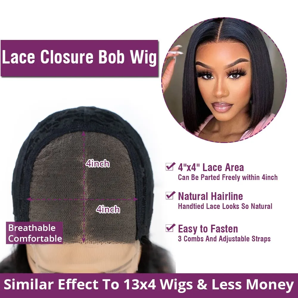 DÉBUT Short Bob 4x4 Lace Closure Straight Hair Wigs 100% Human Hair Glueless Wig Brazilian Virgin Hair Lace Front Wigs Natural Color 10 Inch