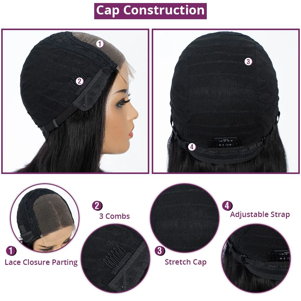 DÉBUT Short Bob 4x4 Lace Closure Straight Hair Wigs 100% Human Hair Glueless Wig Brazilian Virgin Hair Lace Front Wigs Natural Color 10 Inch