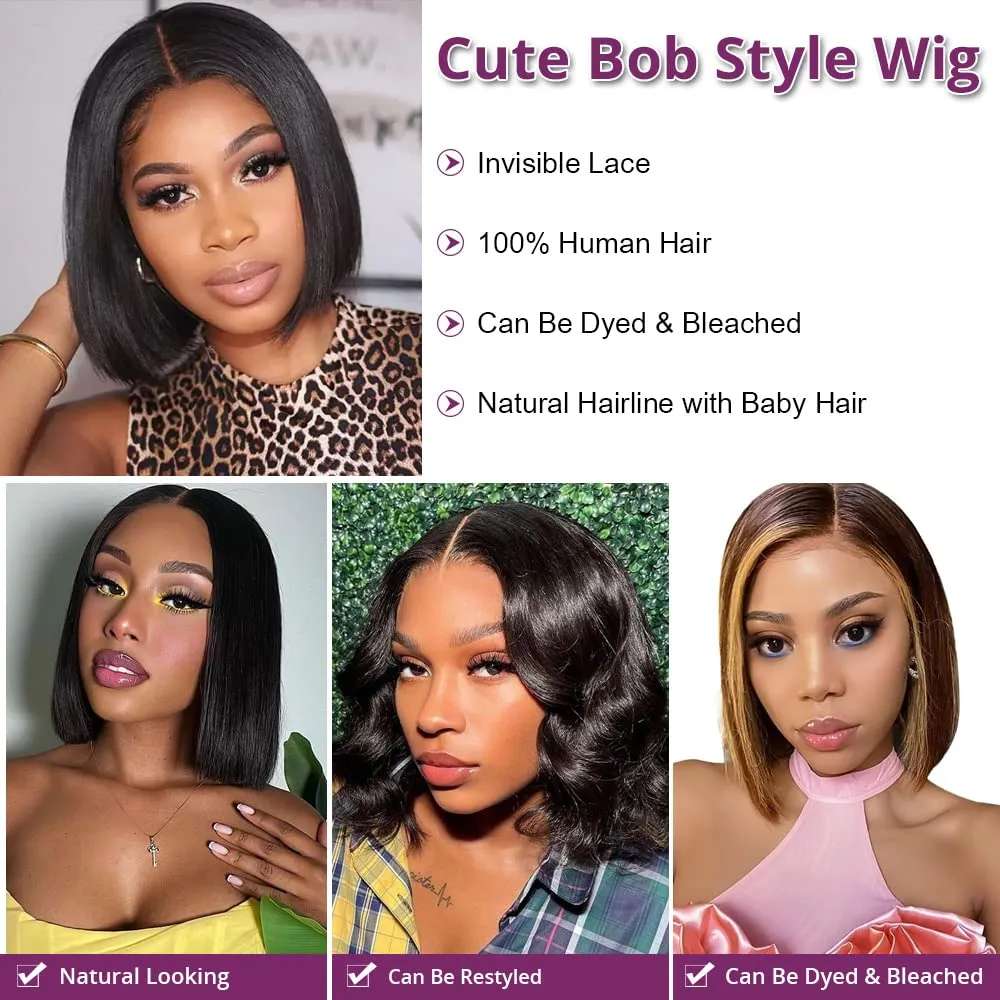 DÉBUT Short Bob 4x4 Lace Closure Straight Hair Wigs 100% Human Hair Glueless Wig Brazilian Virgin Hair Lace Front Wigs Natural Color 10 Inch