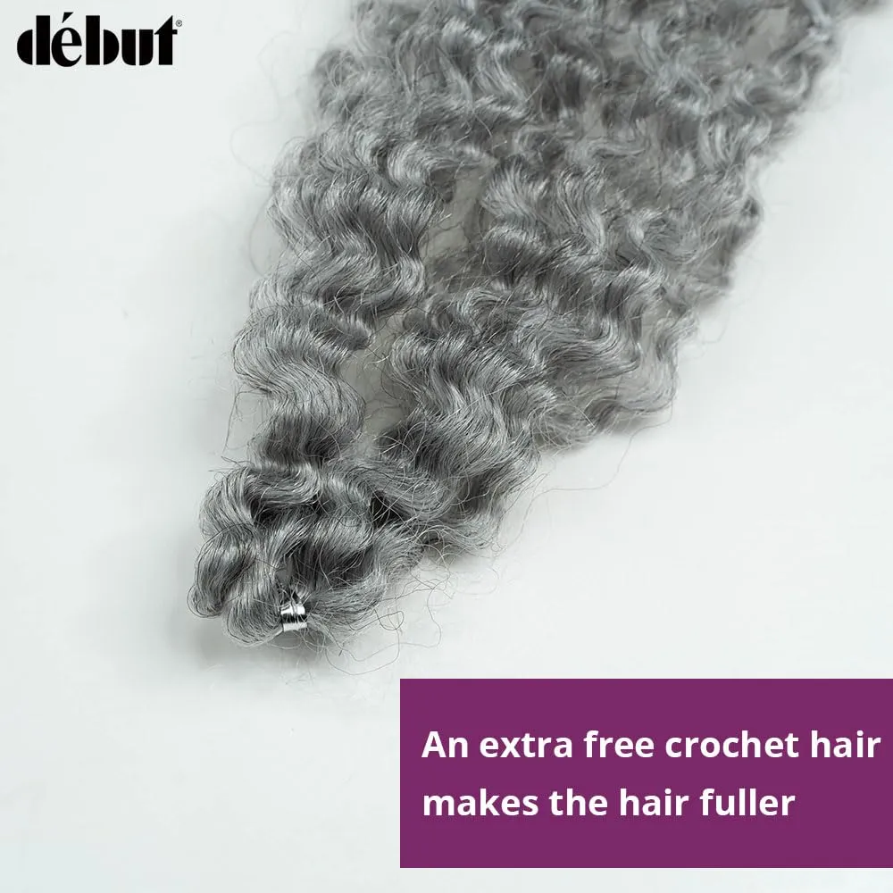 DÉBUT Synthetic Hair 7pcs Kinky Curly 22 24 26 Inches Gray 6 Bundles Tight Curly Hair with 1pc Crochet Hair for Black Women Grey Color