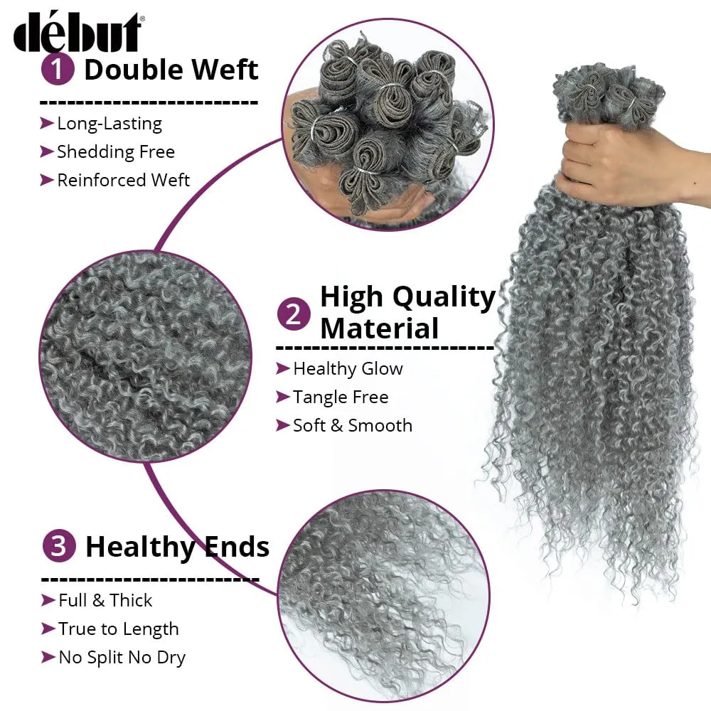DÉBUT Synthetic Hair 7pcs Kinky Curly 22 24 26 Inches Gray 6 Bundles Tight Curly Hair with 1pc Crochet Hair for Black Women Grey Color