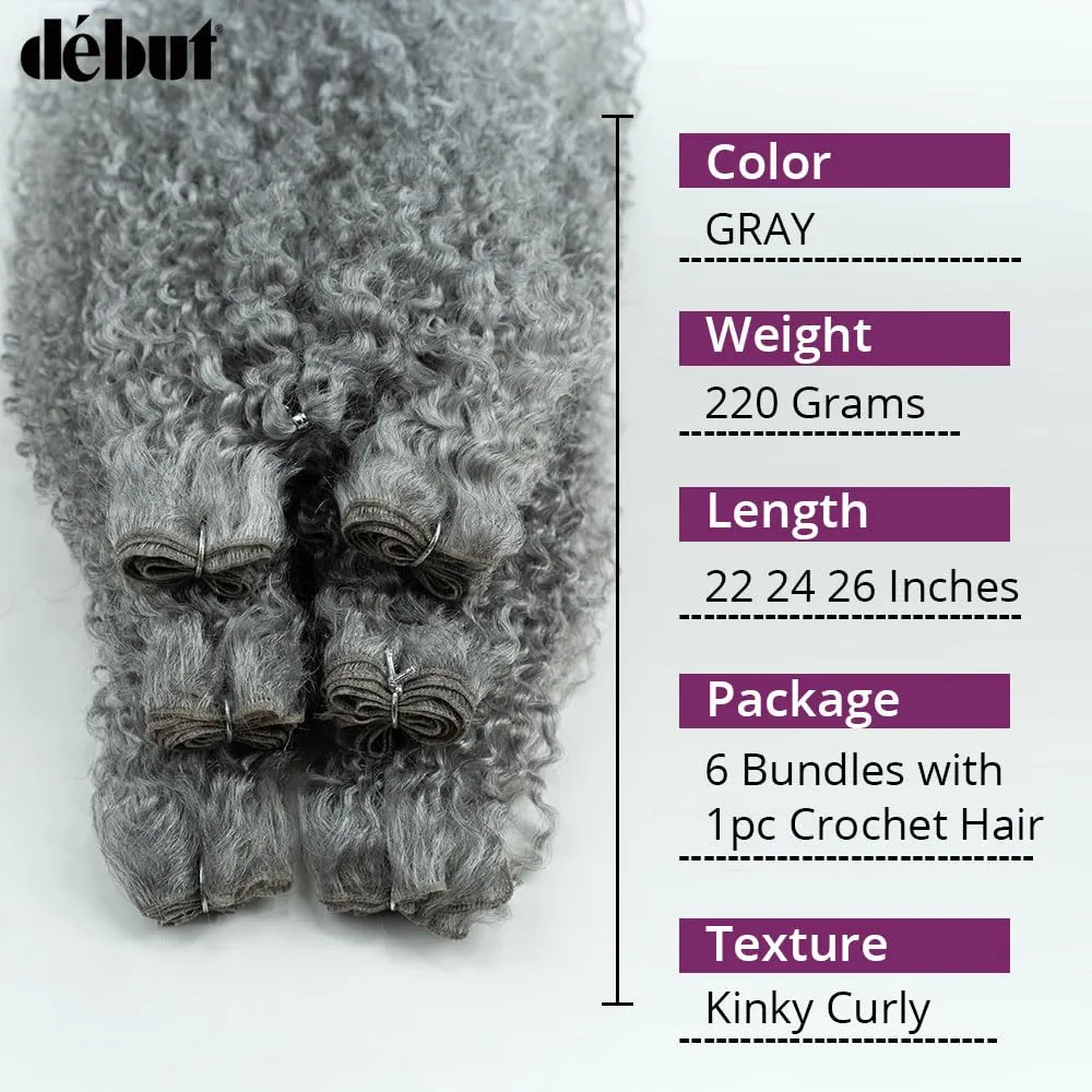 DÉBUT Synthetic Hair 7pcs Kinky Curly 22 24 26 Inches Gray 6 Bundles Tight Curly Hair with 1pc Crochet Hair for Black Women Grey Color
