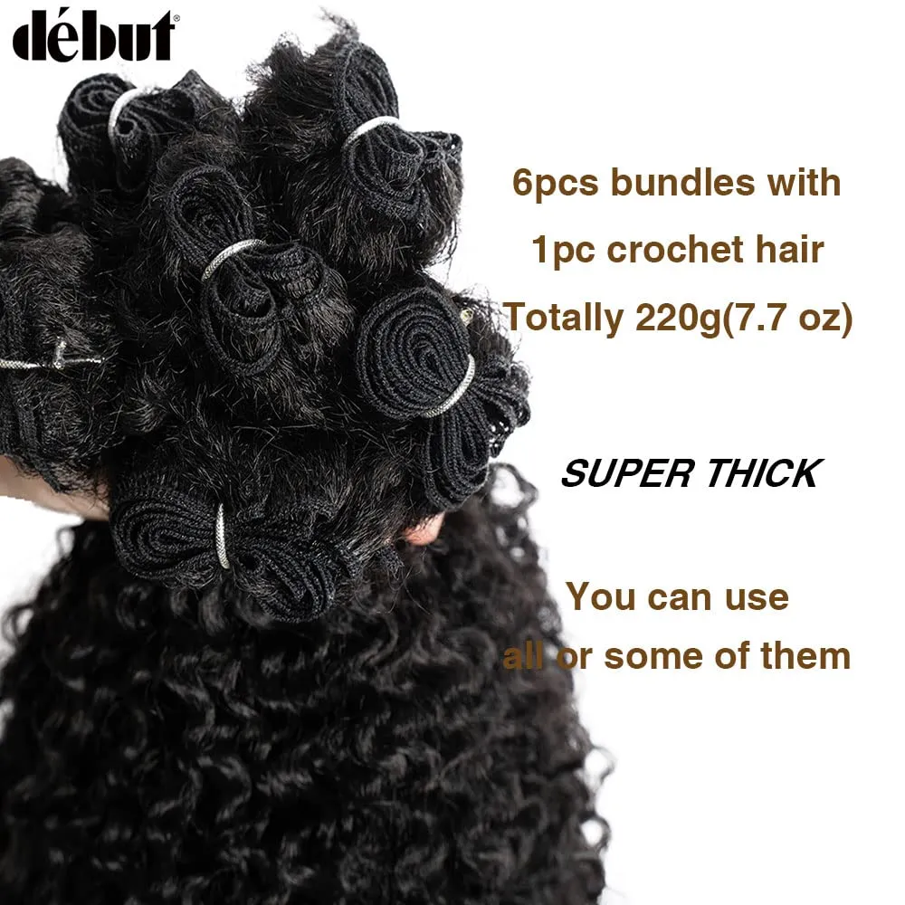 DÉBUT Synthetic Hair Bundles Weave Bundles 7pcs Afro Kinky Curly 22 24 26 Inch 220g High Temperature Fiber (1B)