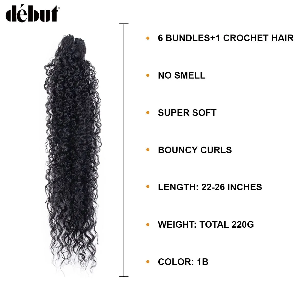 DÉBUT Synthetic Hair Bundles Weave Bundles 7pcs Afro Kinky Curly 22 24 26 Inch 220g High Temperature Fiber (1B)