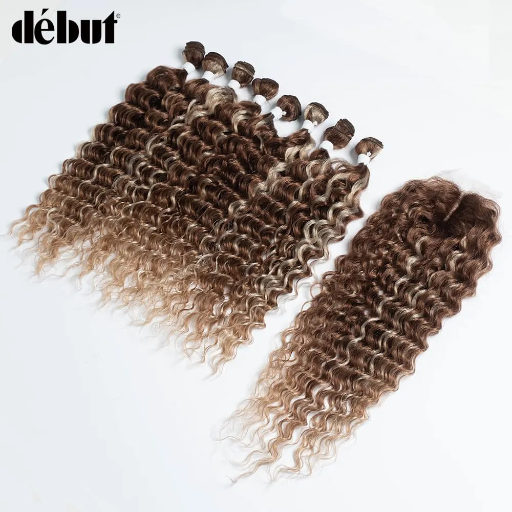 DÉBUT Synthetic Water Wave Hair 8 Bundles with Lace Part Closure, Wavy Synthetic Fiber Hair Weaving with Middle Part Hand-tied Lace Closure for Women (Highlight Brown Blonde, 9 PCS, 20 Inches)