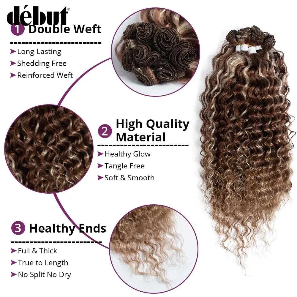 DÉBUT Synthetic Water Wave Hair 8 Bundles with Lace Part Closure, Wavy Synthetic Fiber Hair Weaving with Middle Part Hand-tied Lace Closure for Women (Highlight Brown Blonde, 9 PCS, 20 Inches)