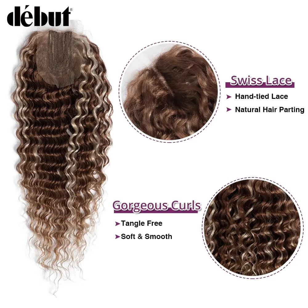 DÉBUT Synthetic Water Wave Hair 8 Bundles with Lace Part Closure, Wavy Synthetic Fiber Hair Weaving with Middle Part Hand-tied Lace Closure for Women (Highlight Brown Blonde, 9 PCS, 20 Inches)