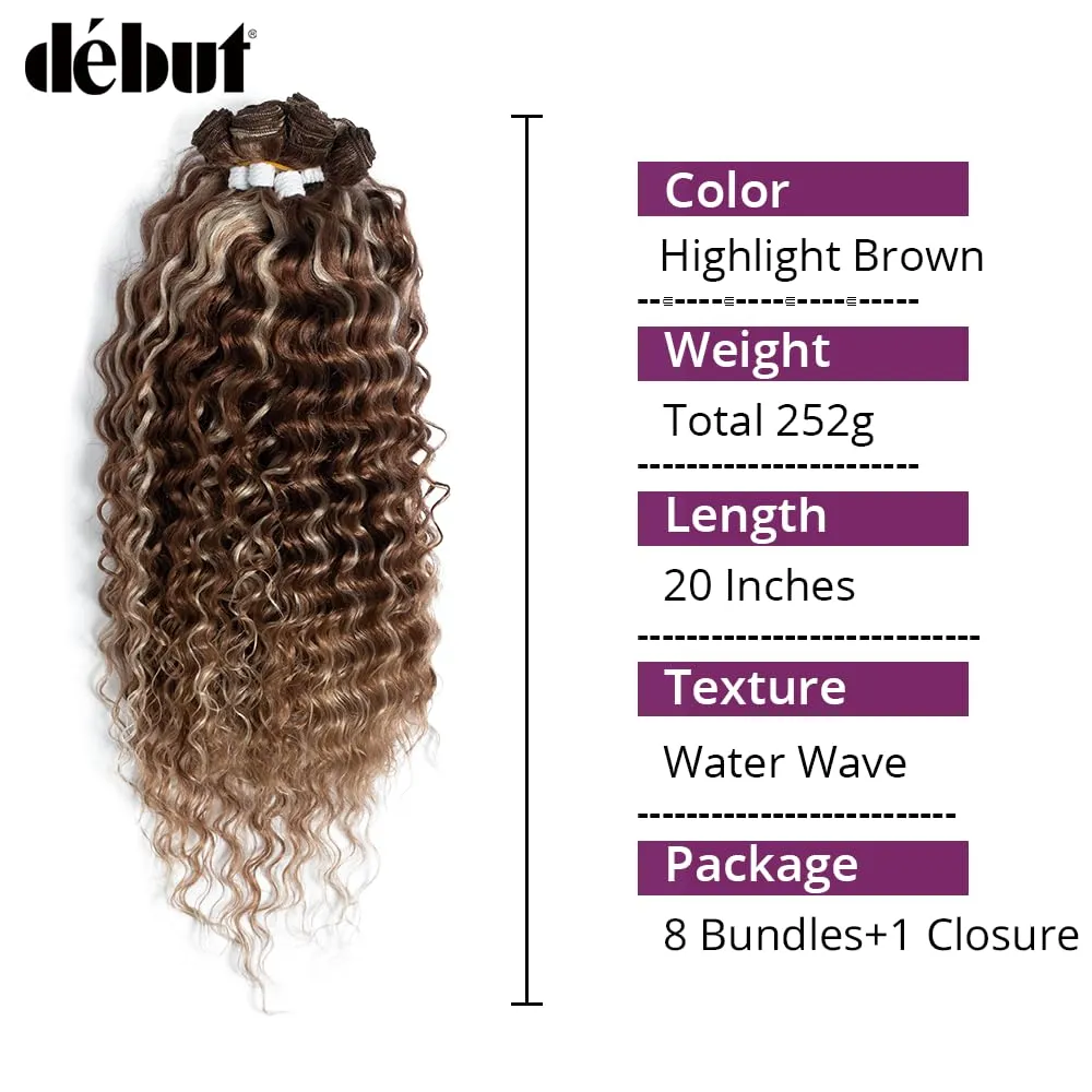 DÉBUT Synthetic Water Wave Hair 8 Bundles with Lace Part Closure, Wavy Synthetic Fiber Hair Weaving with Middle Part Hand-tied Lace Closure for Women (Highlight Brown Blonde, 9 PCS, 20 Inches)