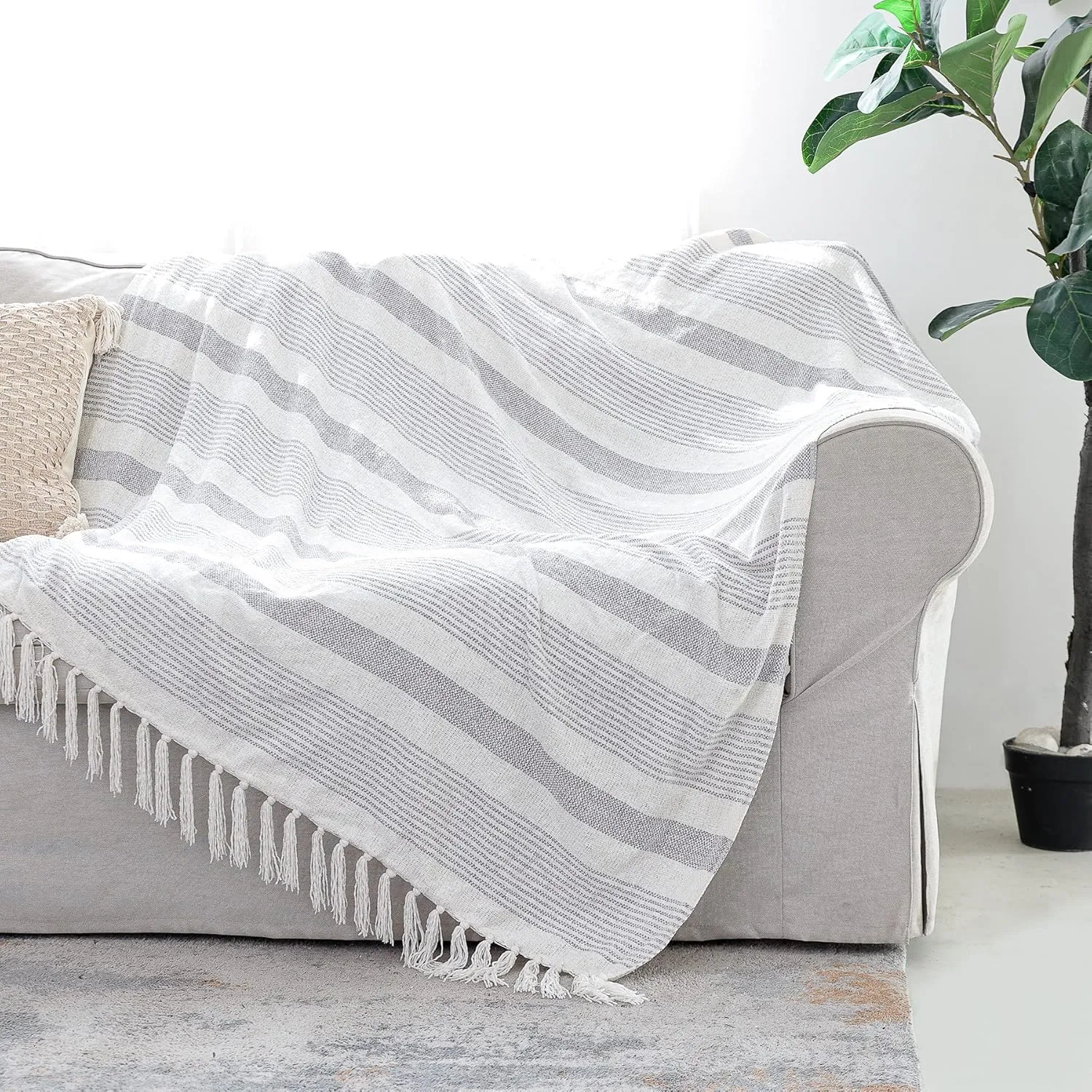 Decorative Grey Ivory Striped Throw with Fringe, Soft Chenille Knitted Farmhouse Lightweight Blanket with Tassels for Couch Sofa Chair Bed Office Home Décor, Gray and Off White,60" x 80"