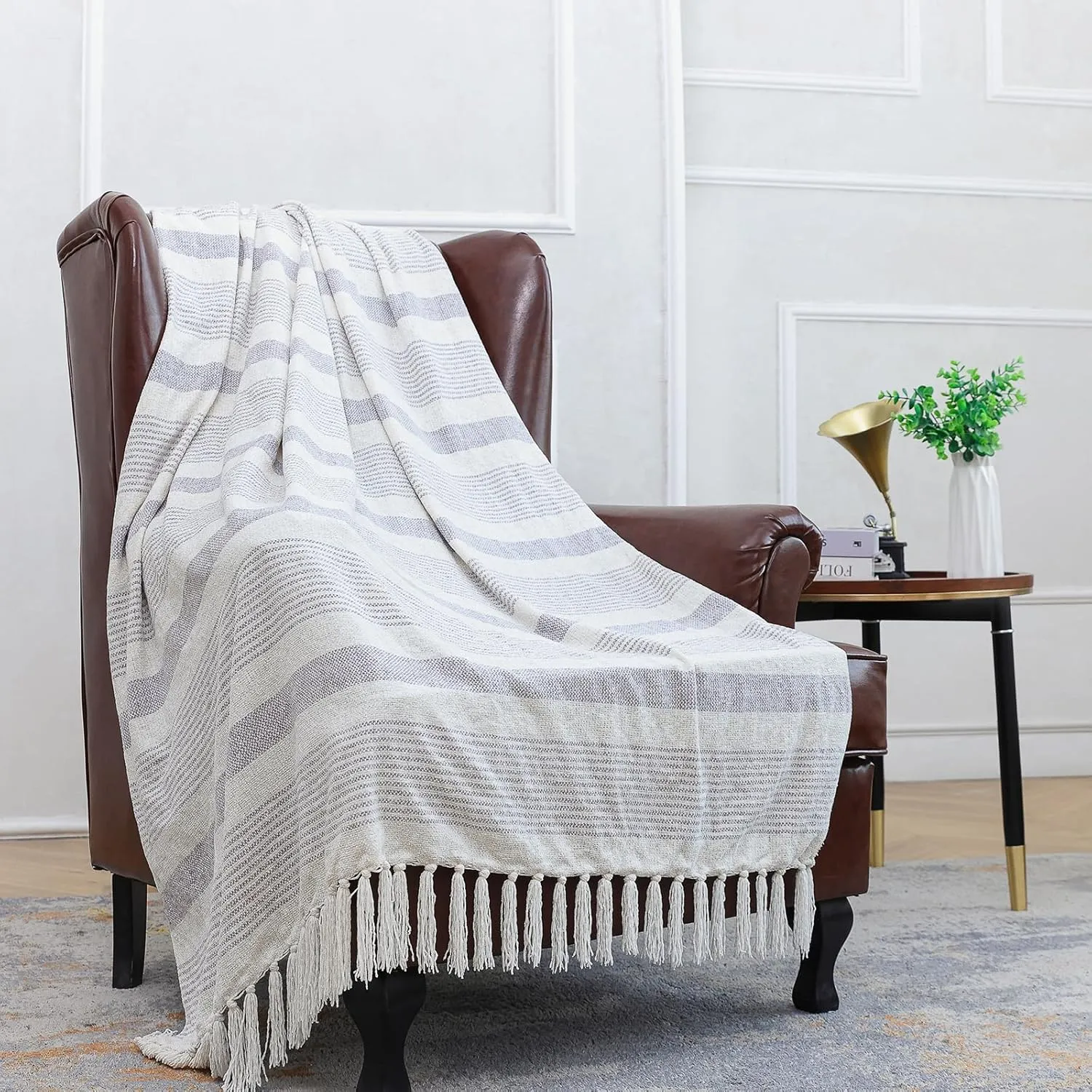 Decorative Grey Ivory Striped Throw with Fringe, Soft Chenille Knitted Farmhouse Lightweight Blanket with Tassels for Couch Sofa Chair Bed Office Home Décor, Gray and Off White,60" x 80"