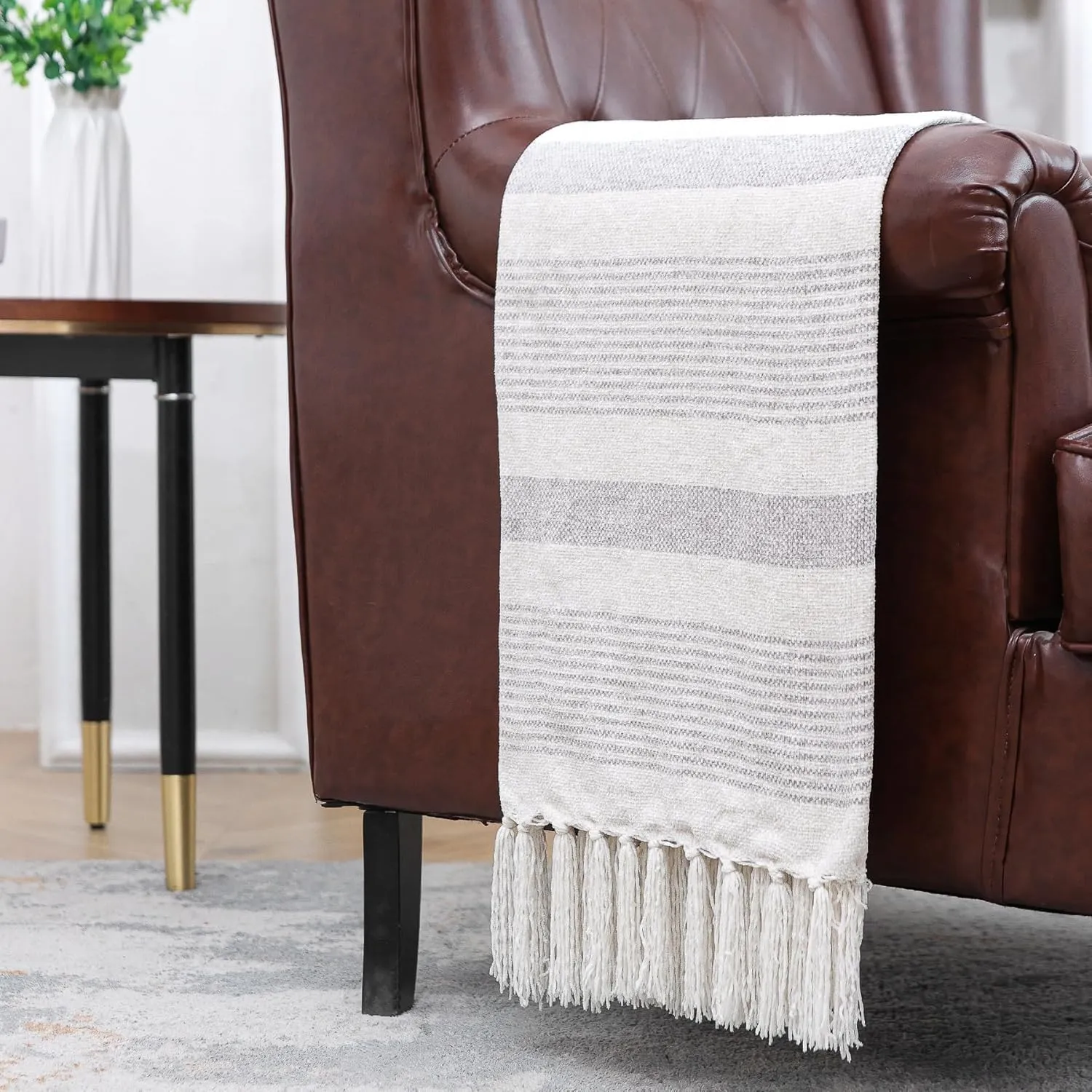 Decorative Grey Ivory Striped Throw with Fringe, Soft Chenille Knitted Farmhouse Lightweight Blanket with Tassels for Couch Sofa Chair Bed Office Home Décor, Gray and Off White,60" x 80"