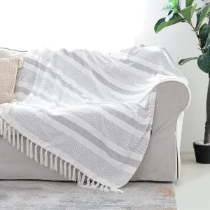 Decorative Grey Ivory Striped Throw with Fringe, Soft Chenille Knitted Farmhouse Lightweight Blanket with Tassels for Couch Sofa Chair Bed Office Home Décor, Gray and Off White,60" x 80"