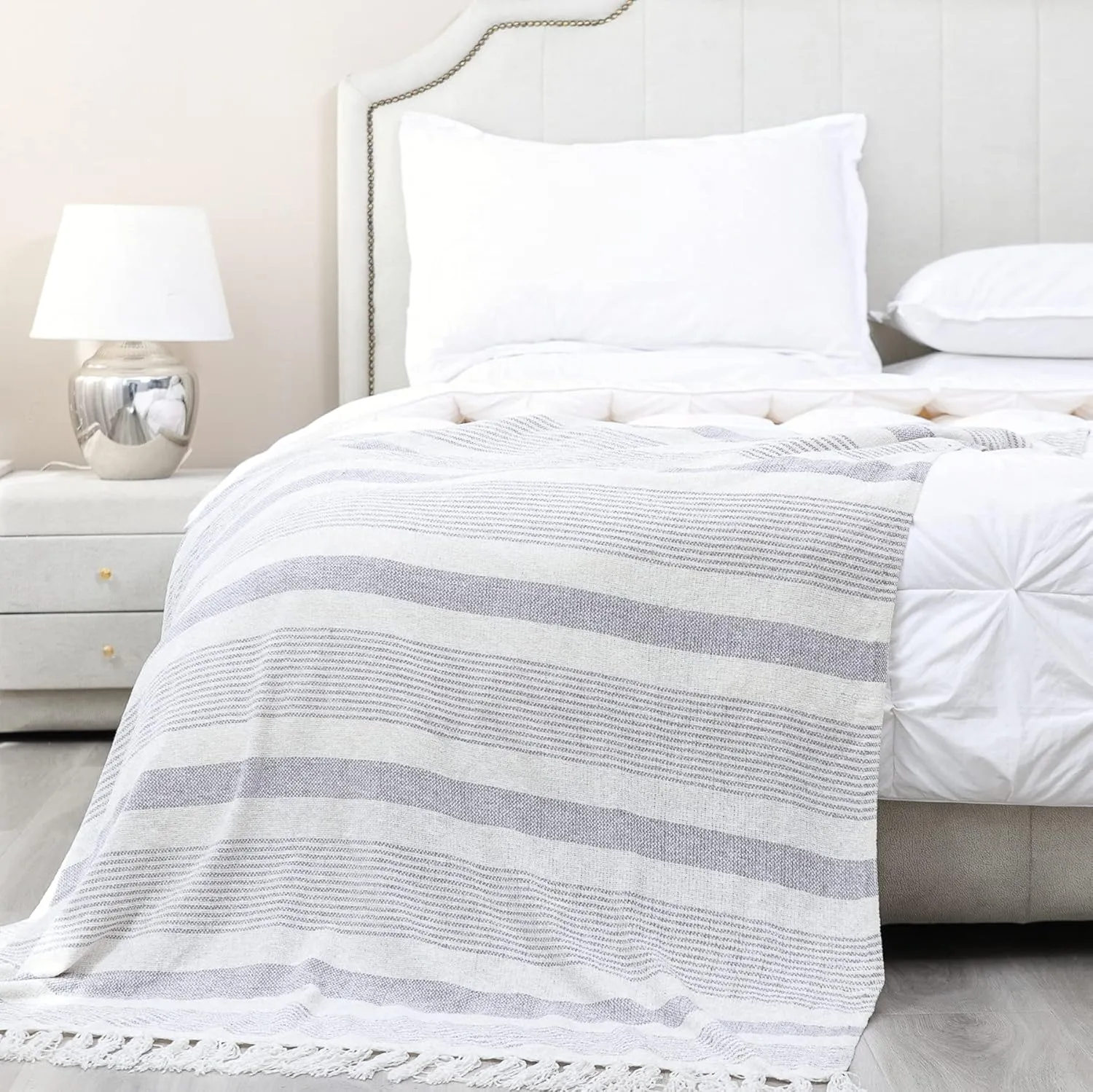 Decorative Grey Ivory Striped Throw with Fringe, Soft Chenille Knitted Farmhouse Lightweight Blanket with Tassels for Couch Sofa Chair Bed Office Home Décor, Gray and Off White,60" x 80"