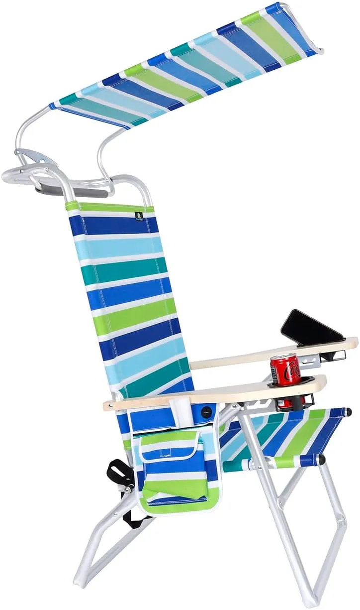 Deluxe 4 Reclining Positions Lightweight High Aluminum Beach Chair with Canopy Shade for Adults, Drink Holder, Storage Pouch