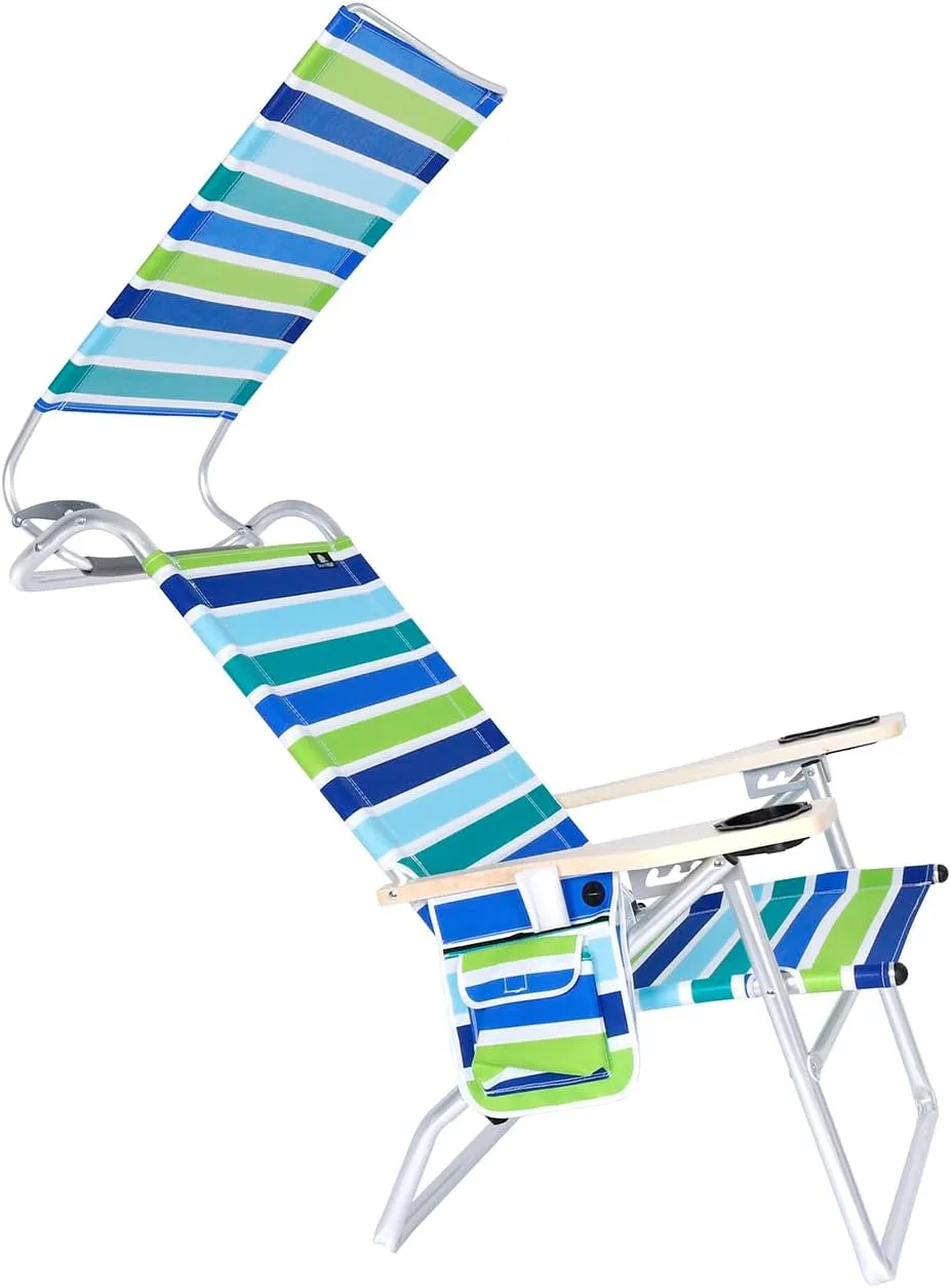 Deluxe 4 Reclining Positions Lightweight High Aluminum Beach Chair with Canopy Shade for Adults, Drink Holder, Storage Pouch