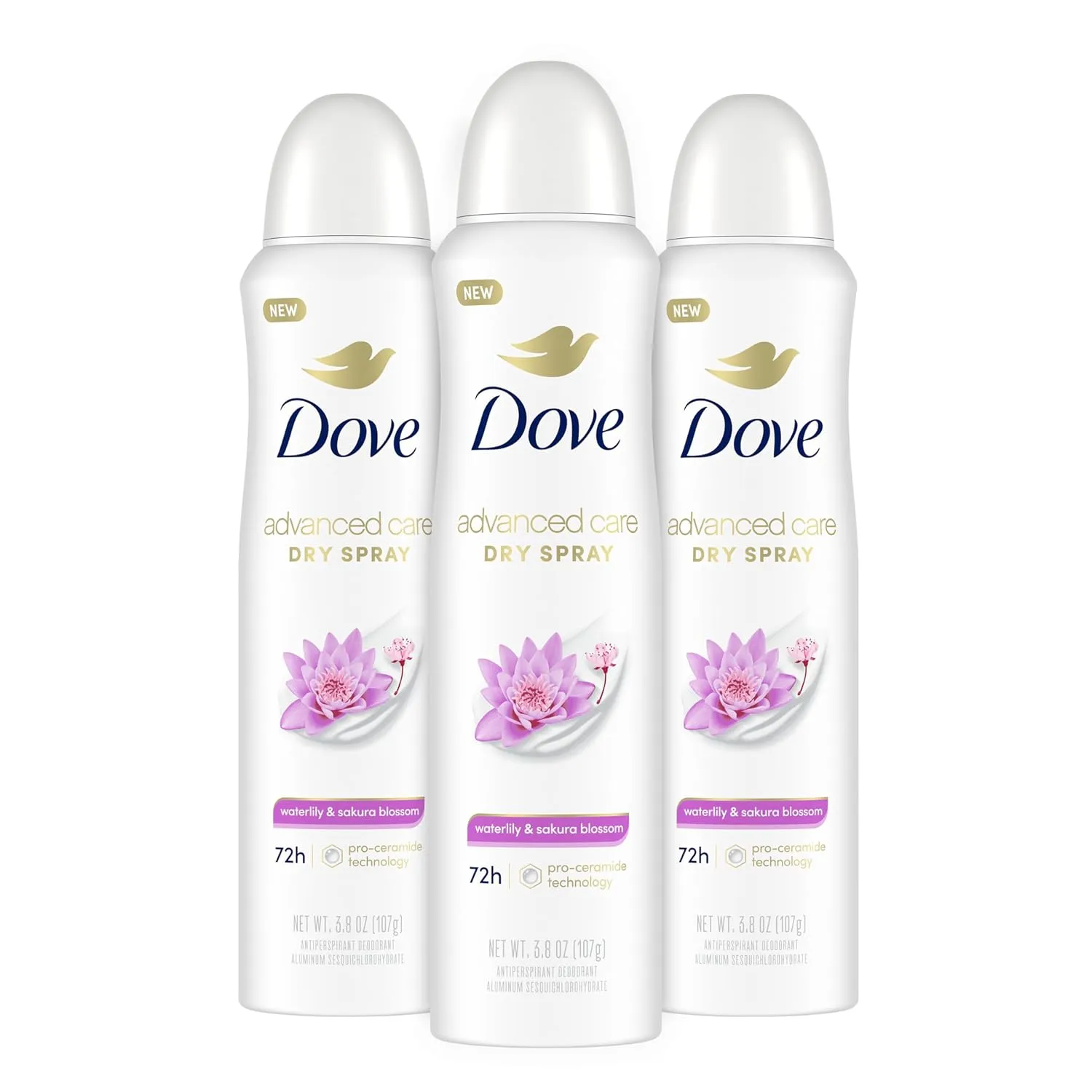 Dove Advanced Care Antiperspirant Deodorant Spray Waterlily & Sakura Blossom 3 Count Moisturizing for After-Shaving Care 72-hour that boost skin's ceramide levels for Soft Underarms 3.8 oz