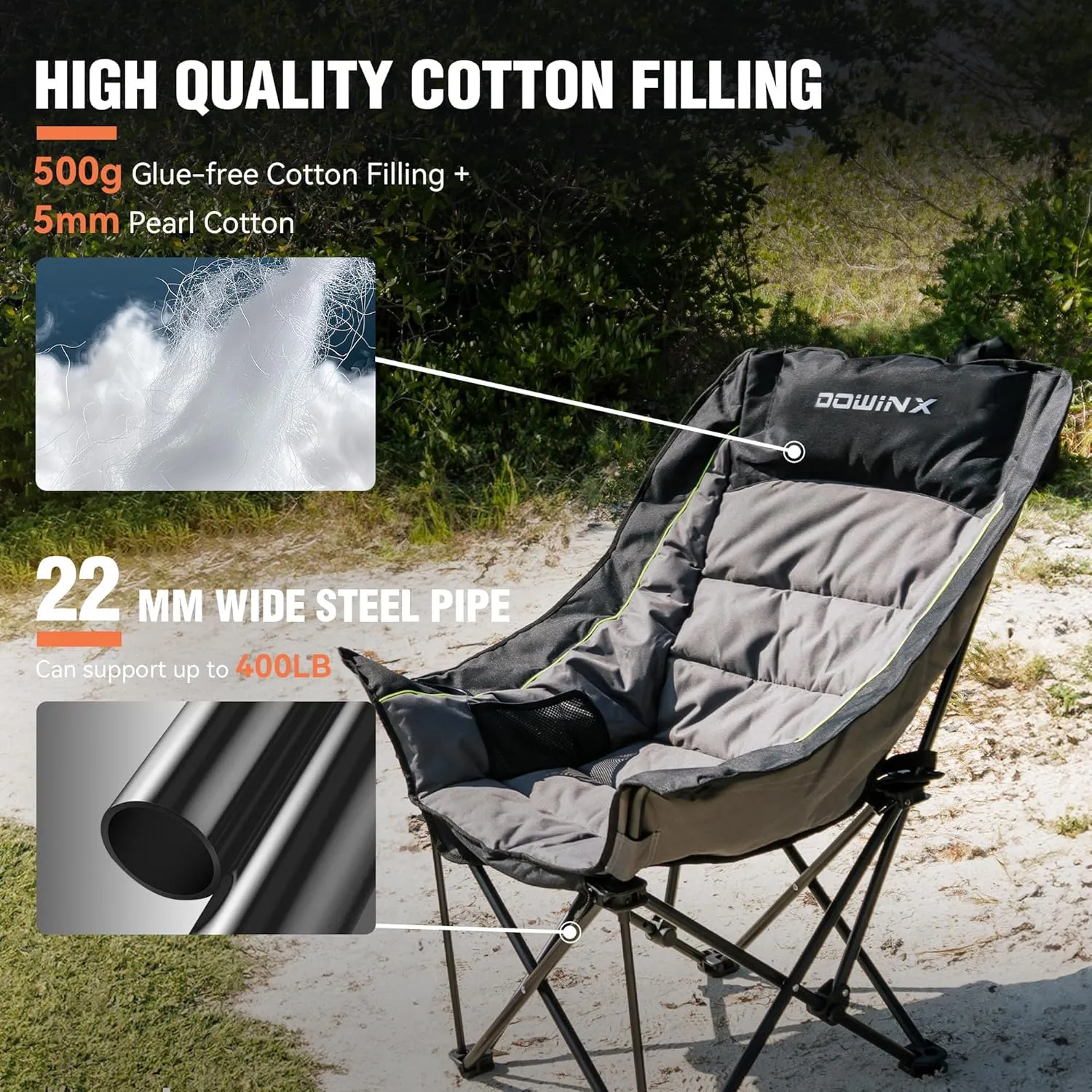 Dowinx Oversized Camping Chair for Adults - Extra Large, Folding Lawn Chair with Cup Holder, 3-Level Adjustable, 400 lbs Capacity, Black