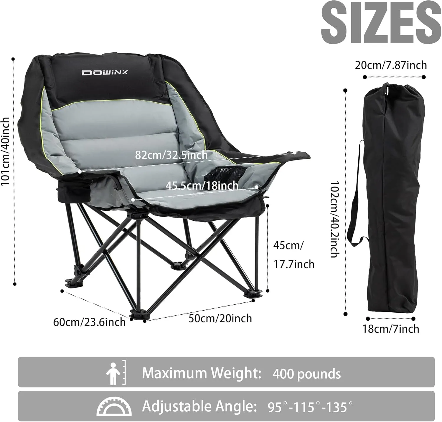 Dowinx Oversized Camping Chair for Adults - Extra Large, Folding Lawn Chair with Cup Holder, 3-Level Adjustable, 400 lbs Capacity, Black