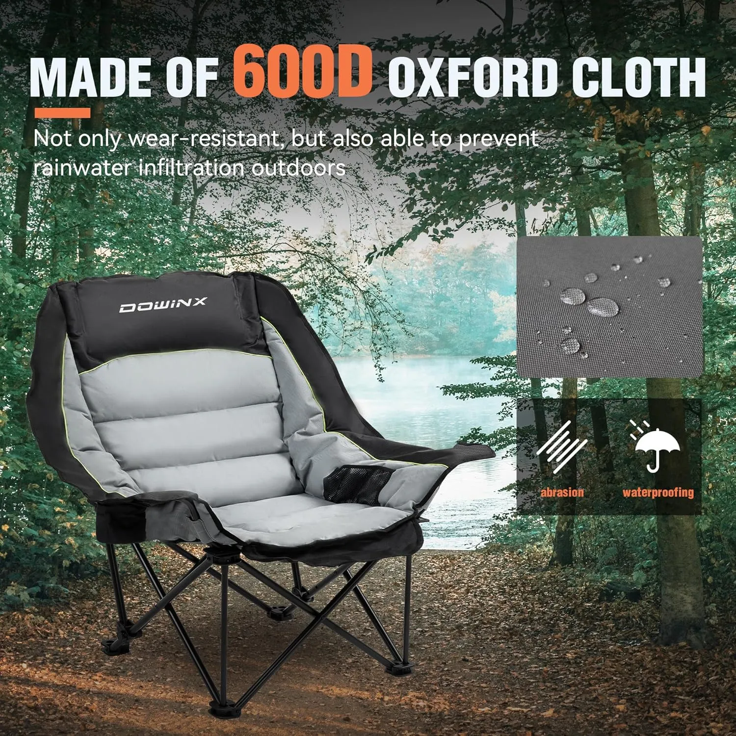 Dowinx Oversized Camping Chair for Adults - Extra Large, Folding Lawn Chair with Cup Holder, 3-Level Adjustable, 400 lbs Capacity, Black