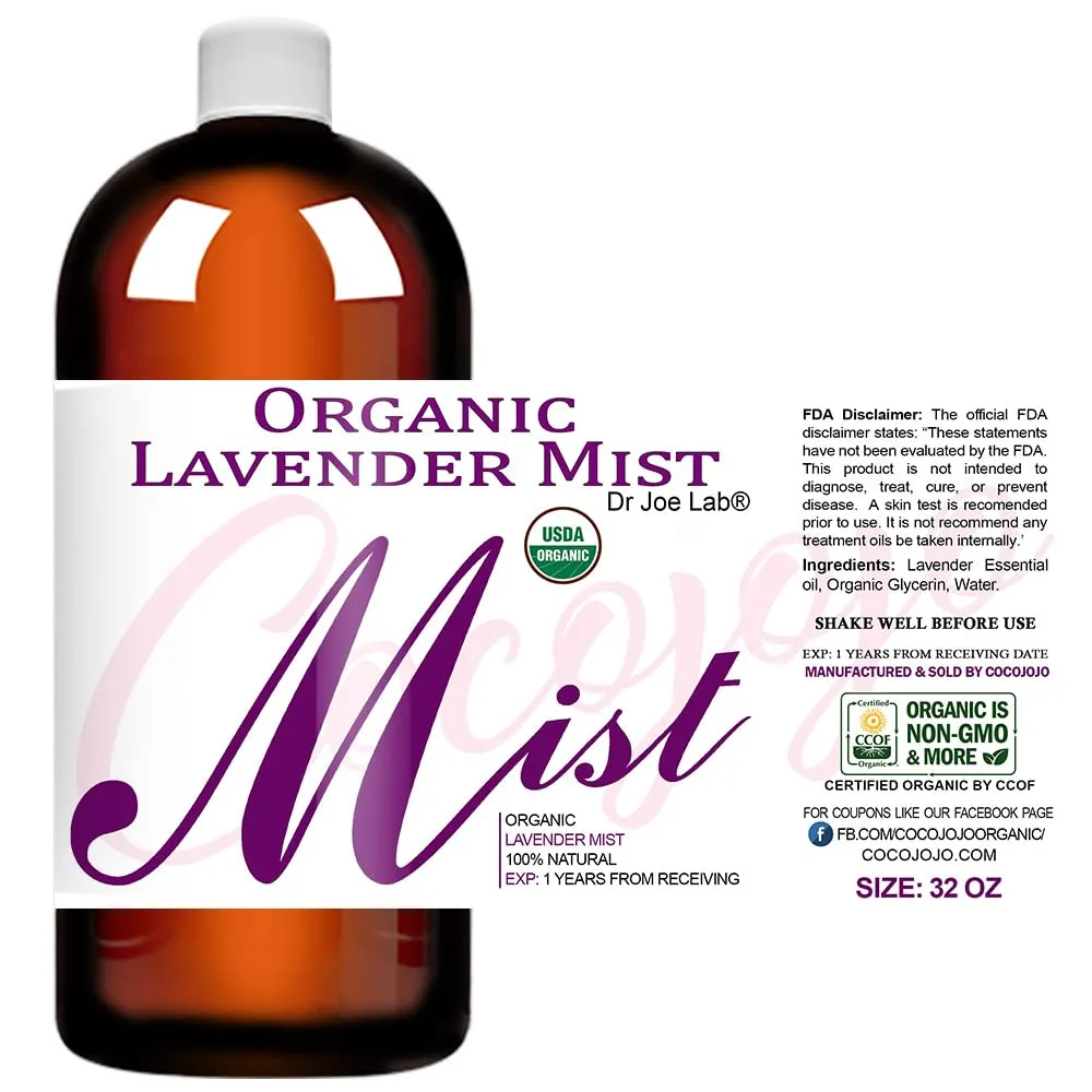 Dr Joe Lab Organic Lavender Mist - USDA Certified - Face Spray - Moisturize Sensitive Dry Skin - Pillow Relaxation - Soothing - Pure Essential Oil & Glycerin - Packaging May Vary. (32 oz)