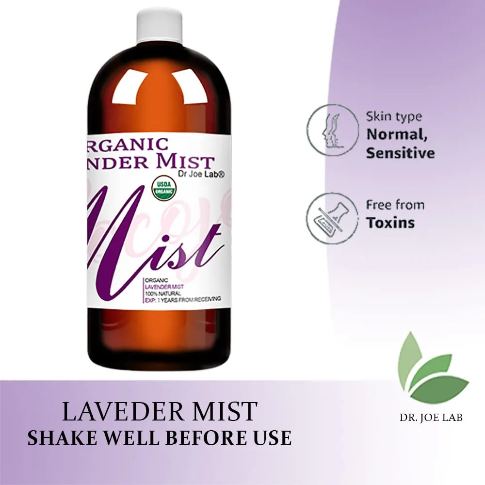 Dr Joe Lab Organic Lavender Mist - USDA Certified - Face Spray - Moisturize Sensitive Dry Skin - Pillow Relaxation - Soothing - Pure Essential Oil & Glycerin - Packaging May Vary. (32 oz)