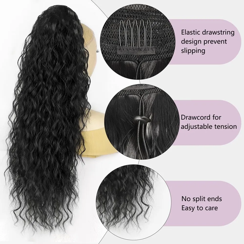 Drawstring Ponytail Extension,Long Curly Wavy ponytail extension for black women 26 Inch black clip in ponytail hair extensions