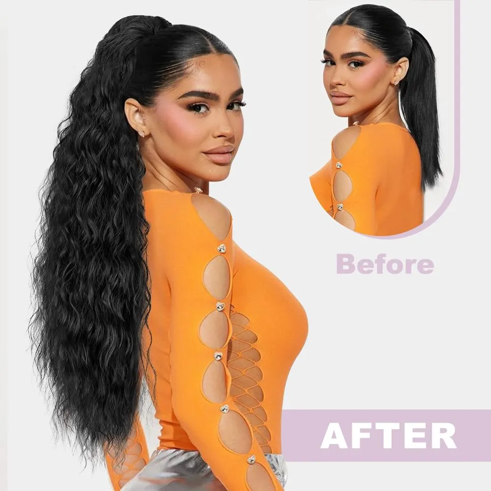 Drawstring Ponytail Extension,Long Curly Wavy ponytail extension for black women 26 Inch black clip in ponytail hair extensions
