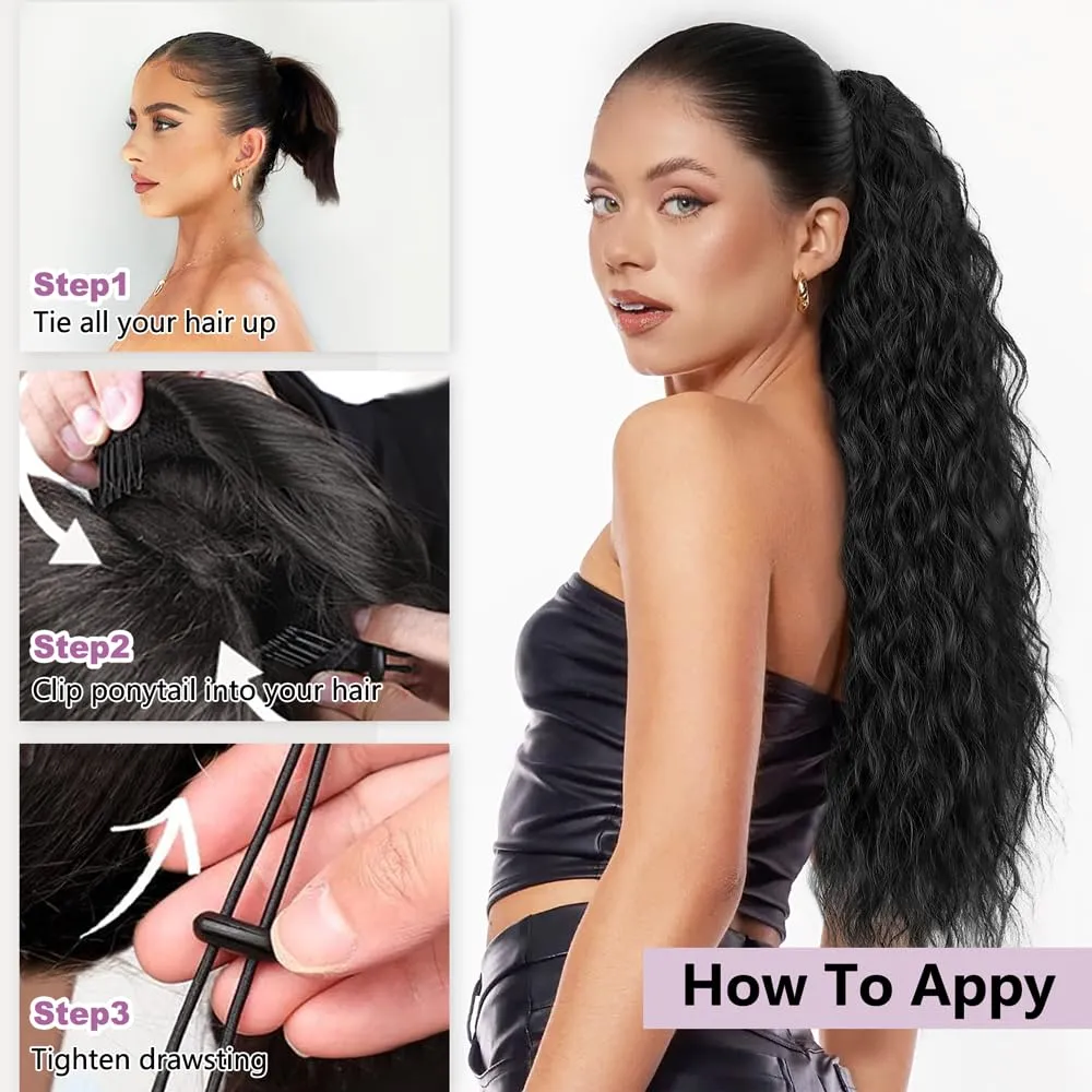 Drawstring Ponytail Extension,Long Curly Wavy ponytail extension for black women 26 Inch black clip in ponytail hair extensions