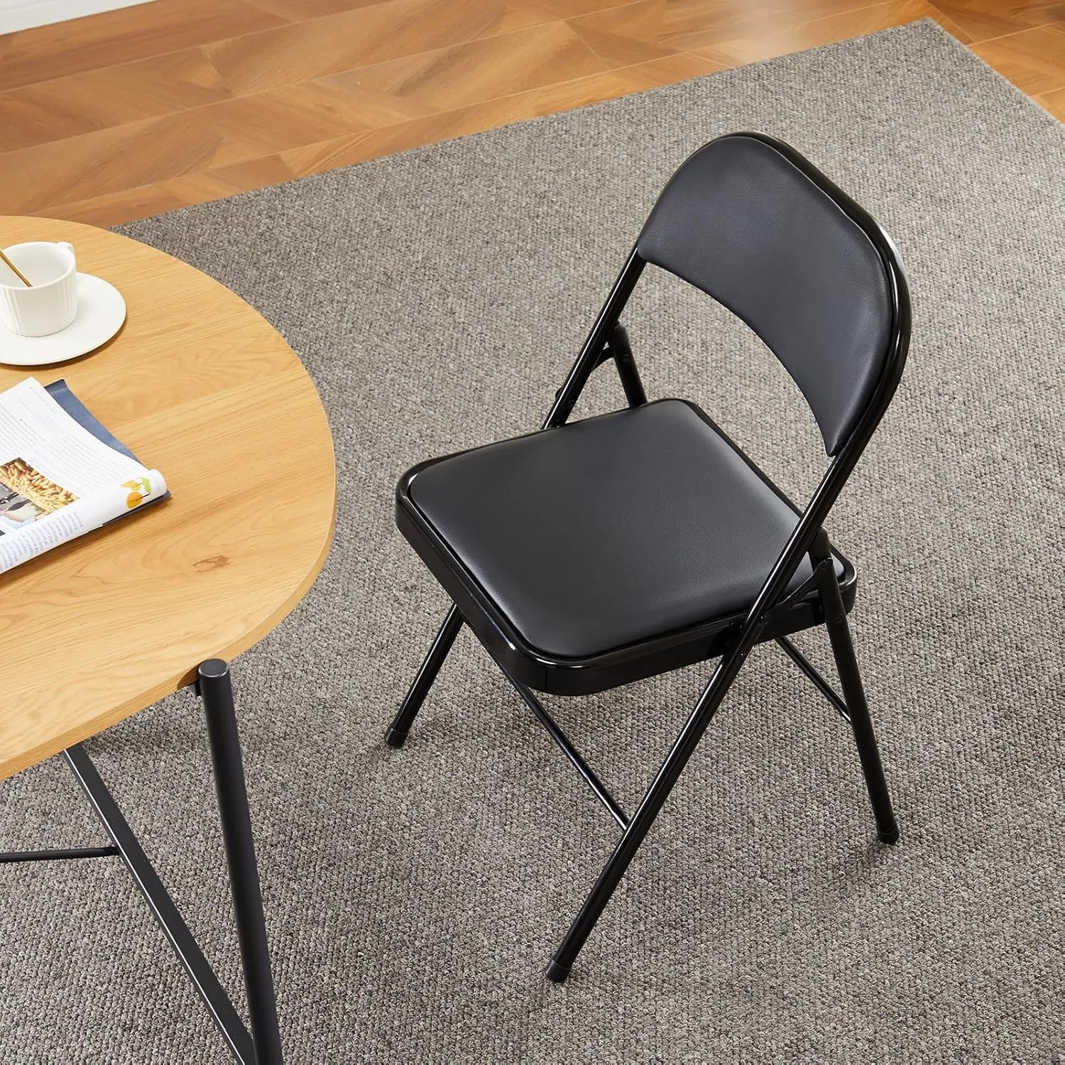DUMOS 2 Pack Leather Padded Folding Chair, Indoor Outdoor Portable Stackable Commercial Seat with Steel Frame, Capacity for Home, Office, Party, Comfy, Black