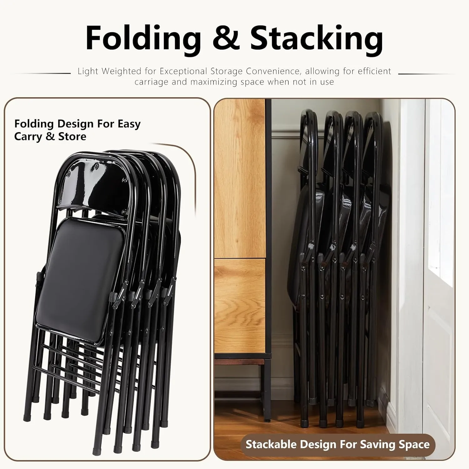 DUMOS 2 Pack Leather Padded Folding Chair, Indoor Outdoor Portable Stackable Commercial Seat with Steel Frame, Capacity for Home, Office, Party, Comfy, Black