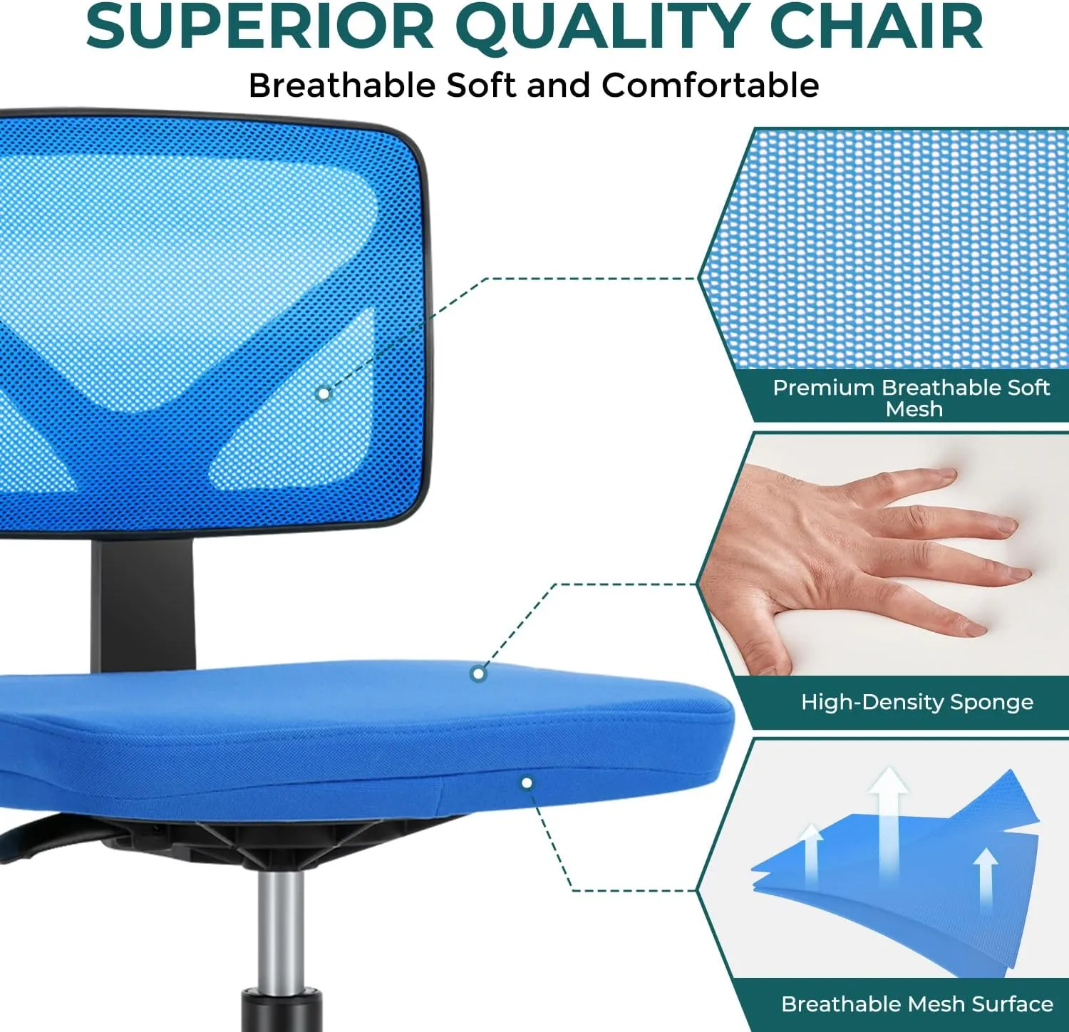 DUMOS Armless Desk Chairs with Wheels, Ergonomic Adjustable Home Office Swivel Rolling Task Chair No Arms, Comfy Mesh Mid Back Computer Work Vanity Desk Seat for Small Spaces, Blue