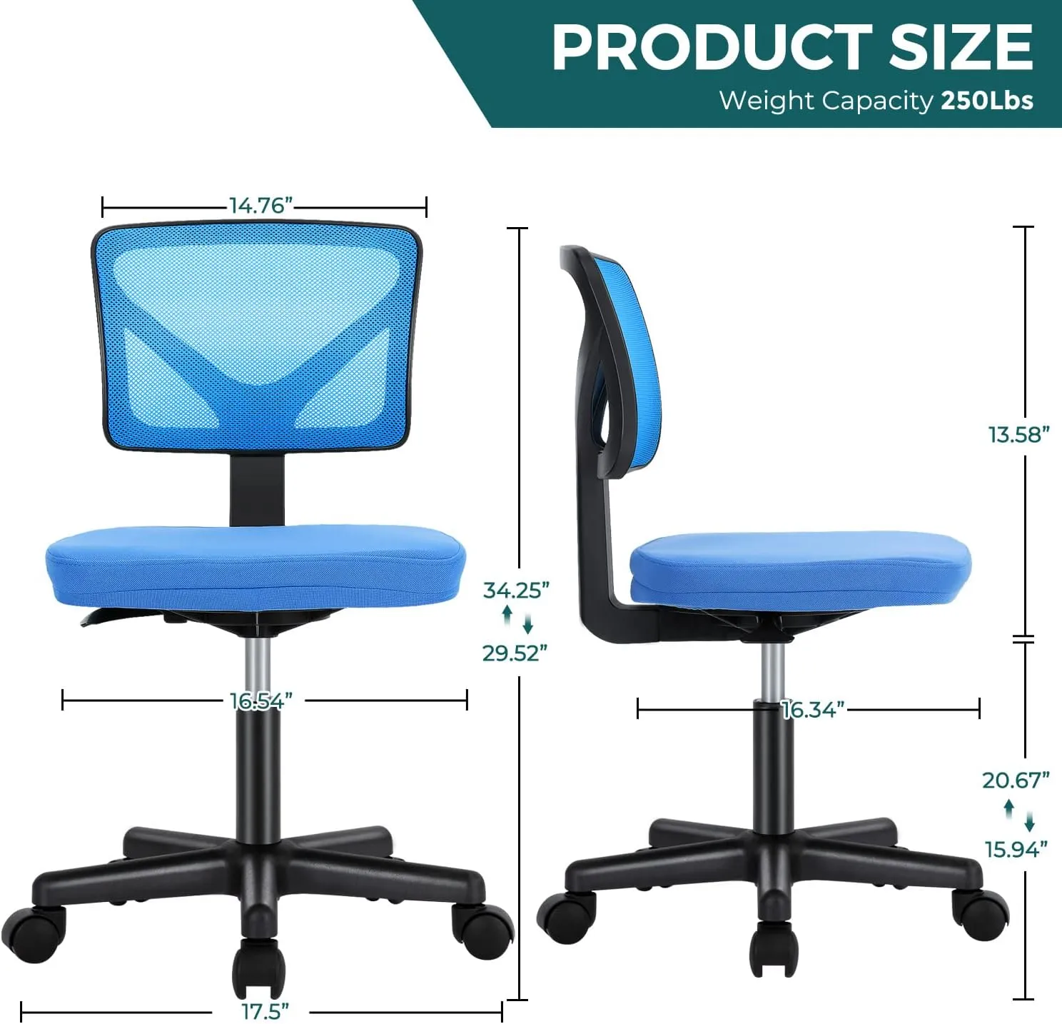 DUMOS Armless Desk Chairs with Wheels, Ergonomic Adjustable Home Office Swivel Rolling Task Chair No Arms, Comfy Mesh Mid Back Computer Work Vanity Desk Seat for Small Spaces, Blue