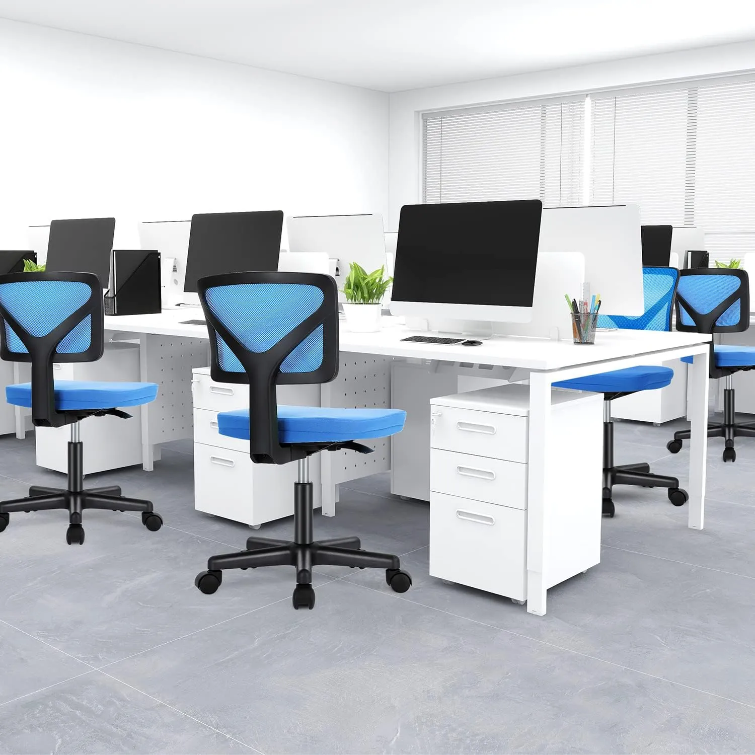 DUMOS Armless Desk Chairs with Wheels, Ergonomic Adjustable Home Office Swivel Rolling Task Chair No Arms, Comfy Mesh Mid Back Computer Work Vanity Desk Seat for Small Spaces, Blue