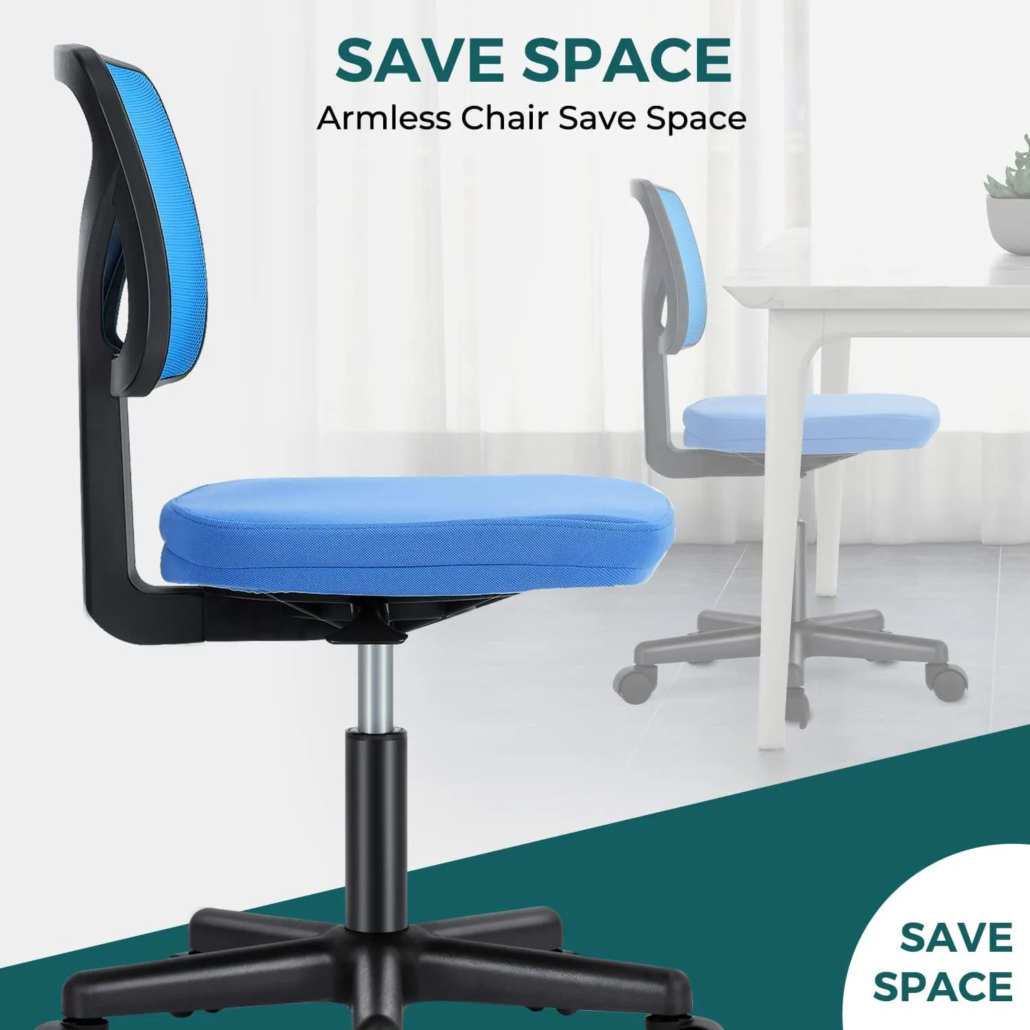 DUMOS Armless Desk Chairs with Wheels, Ergonomic Adjustable Home Office Swivel Rolling Task Chair No Arms, Comfy Mesh Mid Back Computer Work Vanity Desk Seat for Small Spaces, Blue