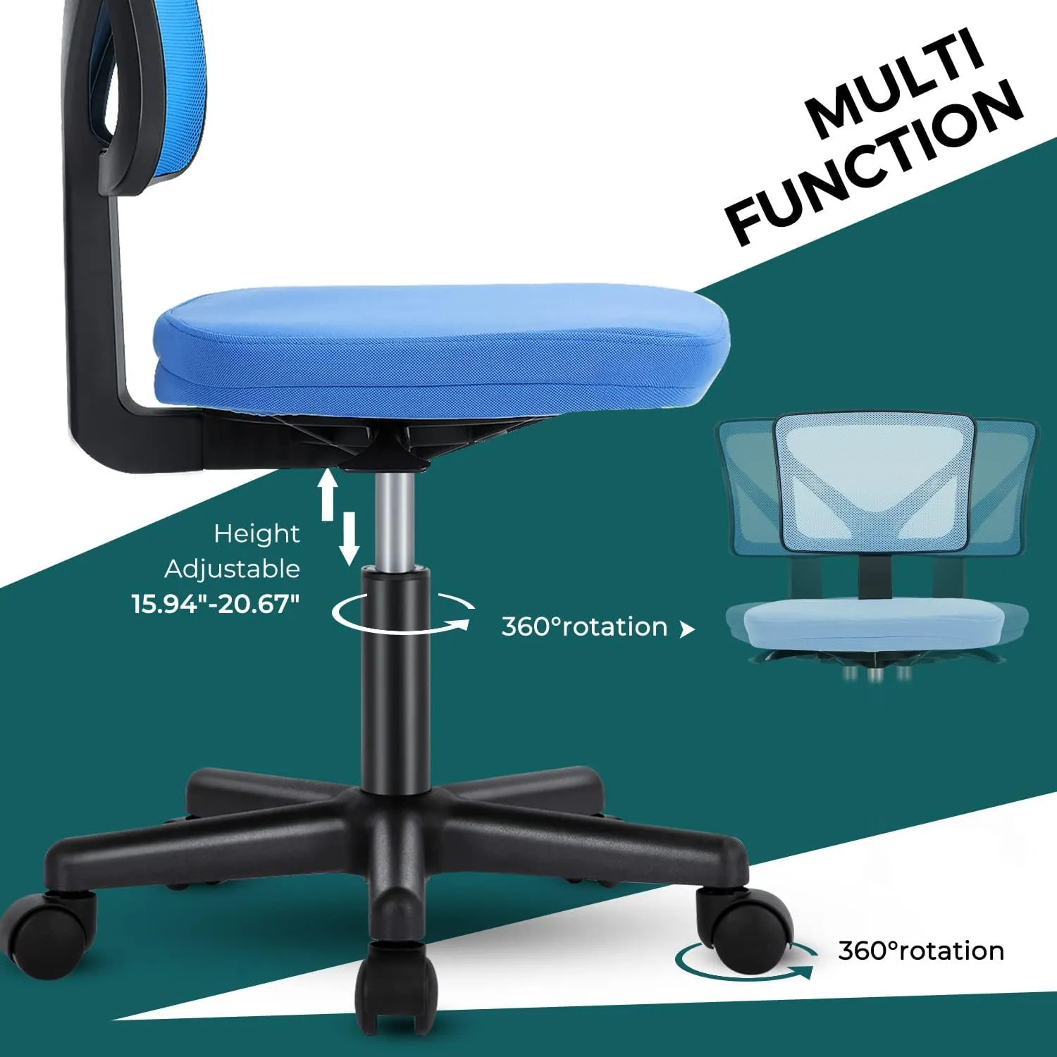 DUMOS Armless Desk Chairs with Wheels, Ergonomic Adjustable Home Office Swivel Rolling Task Chair No Arms, Comfy Mesh Mid Back Computer Work Vanity Desk Seat for Small Spaces, Blue